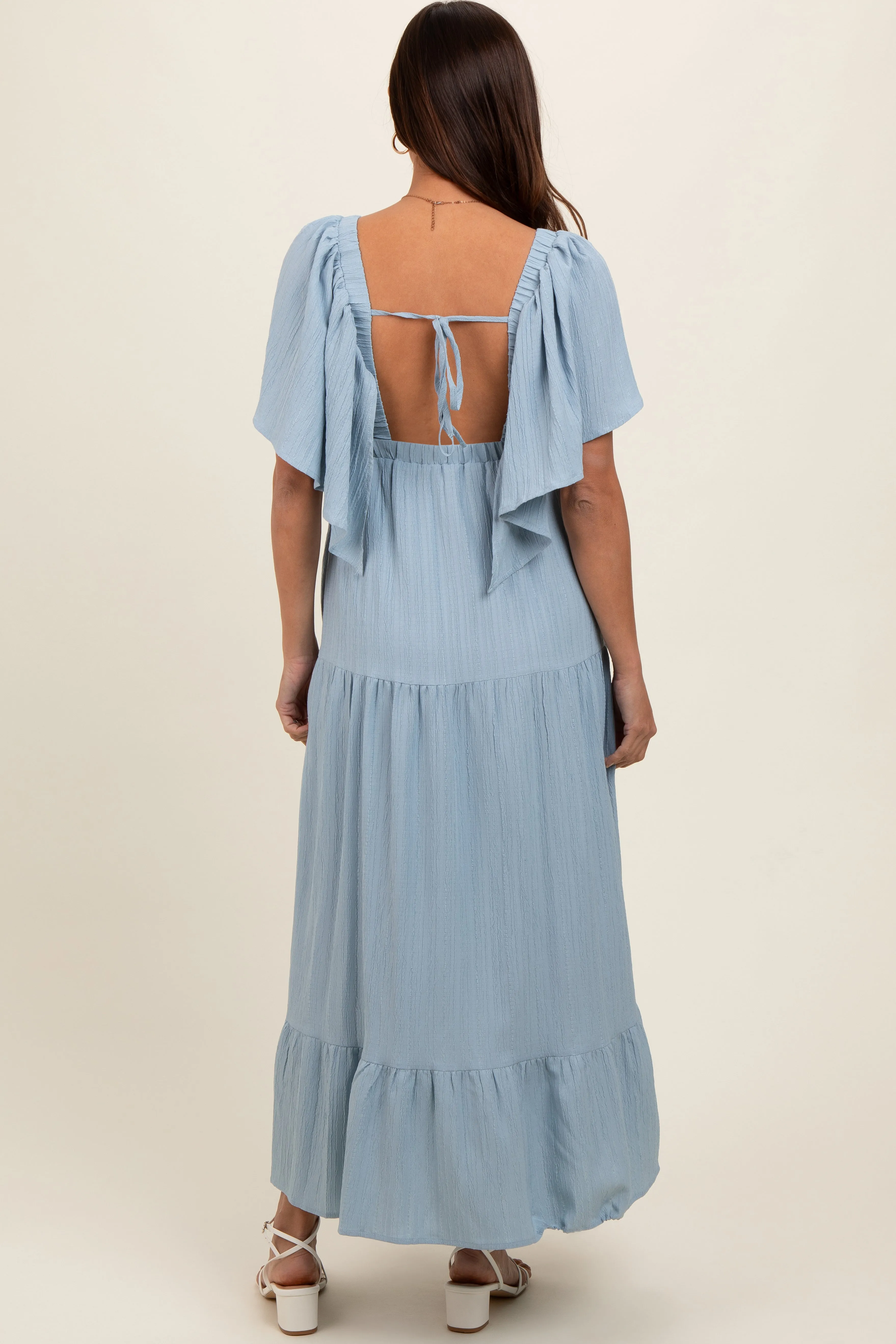 Light Blue Deep V-Neck Flutter Sleeve Tiered Maternity Midi Dress sold by Pinkblush product image thumbnail 3