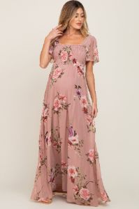 Mauve Floral Chiffon Smocked Maternity Maxi Dress sold by Pinkblush