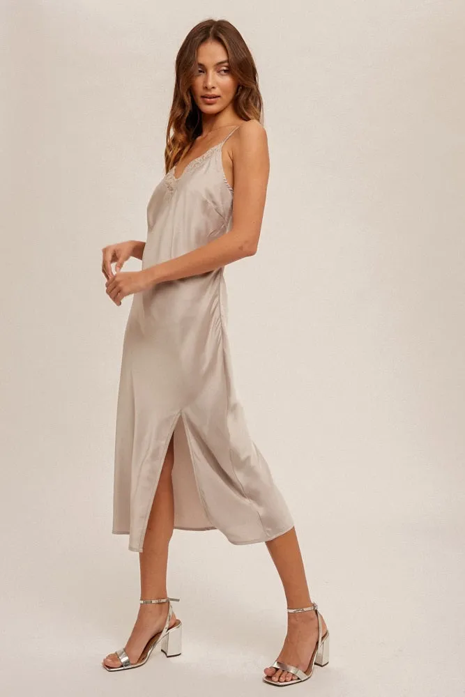 Champagne Lace Trim V Neck Satin Midi Slip Dress sold by Pinkblush product image thumbnail 2