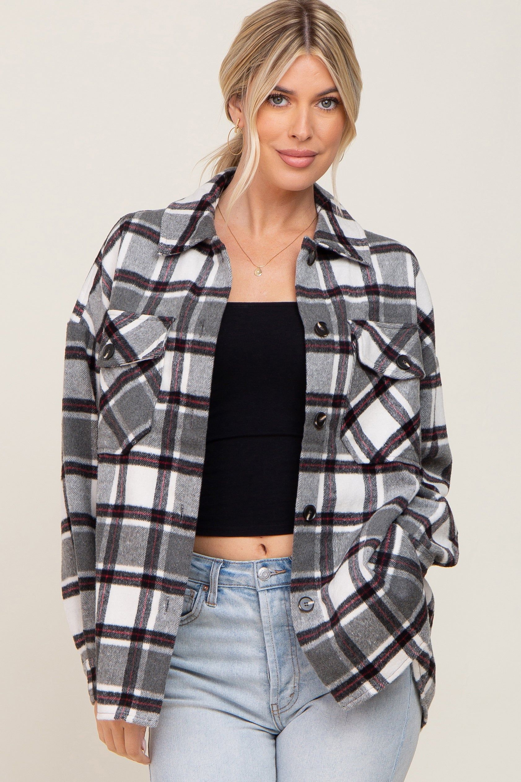 Black Plaid Brushed Shacket sold by Pinkblush