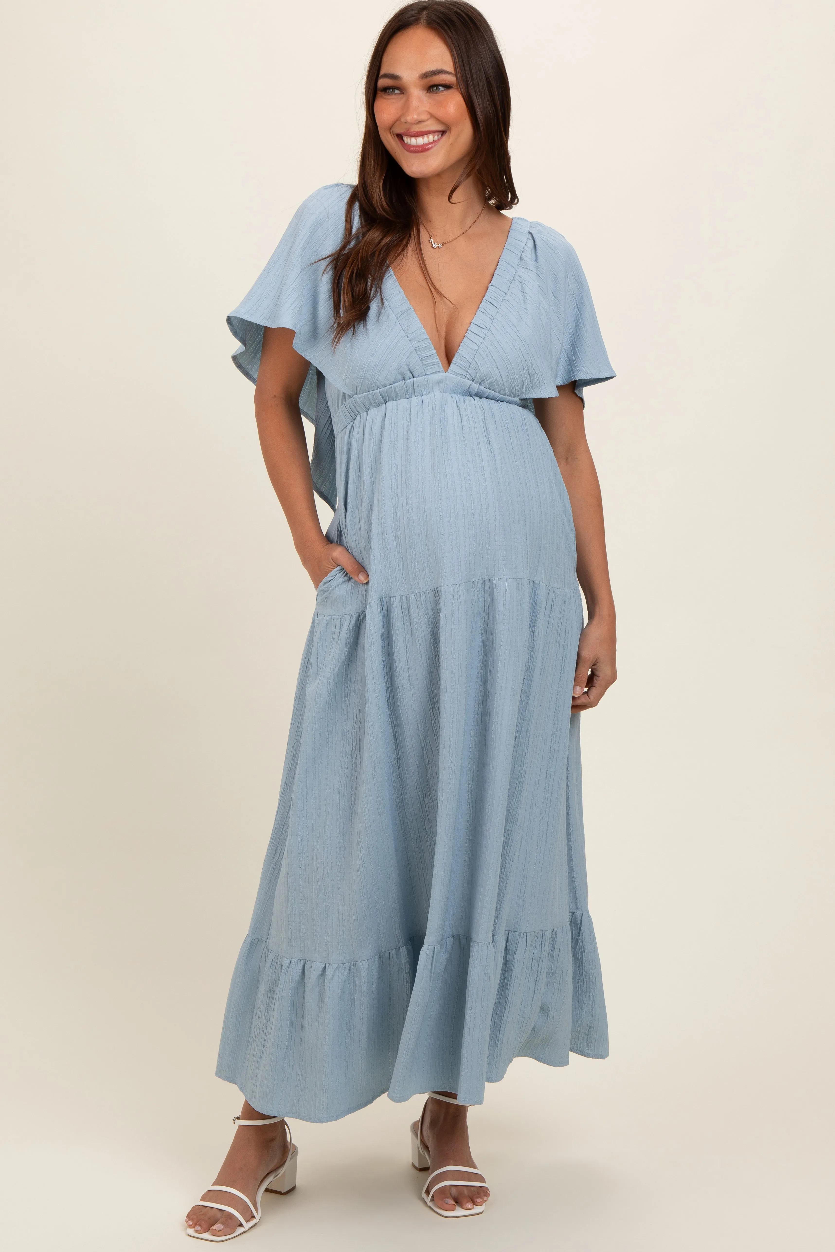 Light Blue Deep V-Neck Flutter Sleeve Tiered Maternity Midi Dress sold by Pinkblush