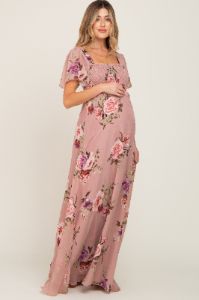 Mauve Floral Chiffon Smocked Maternity Maxi Dress sold by Pinkblush