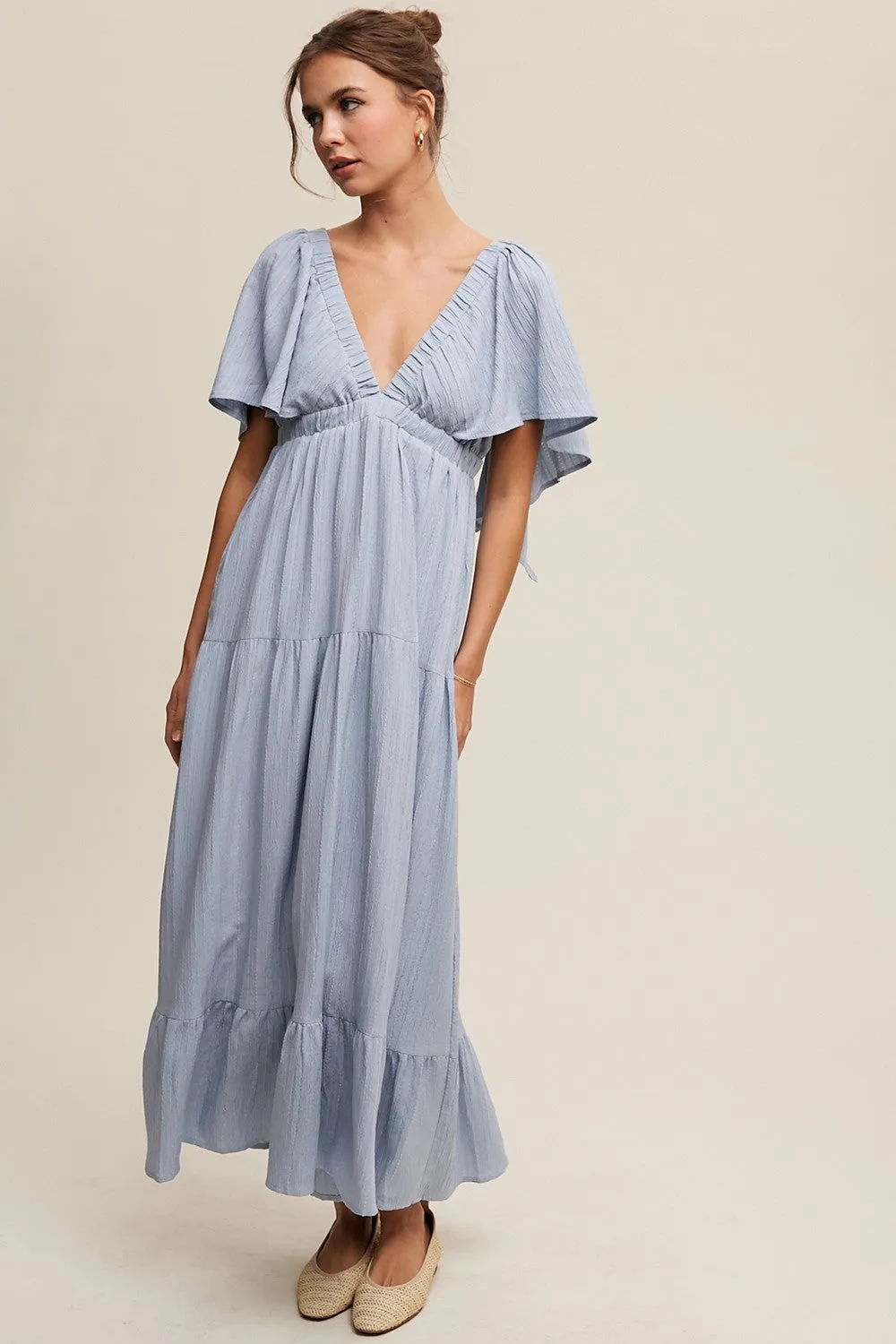 Light Blue Deep V-Neck Flutter Sleeve Tiered Maternity Midi Dress sold by Pinkblush product image thumbnail 4
