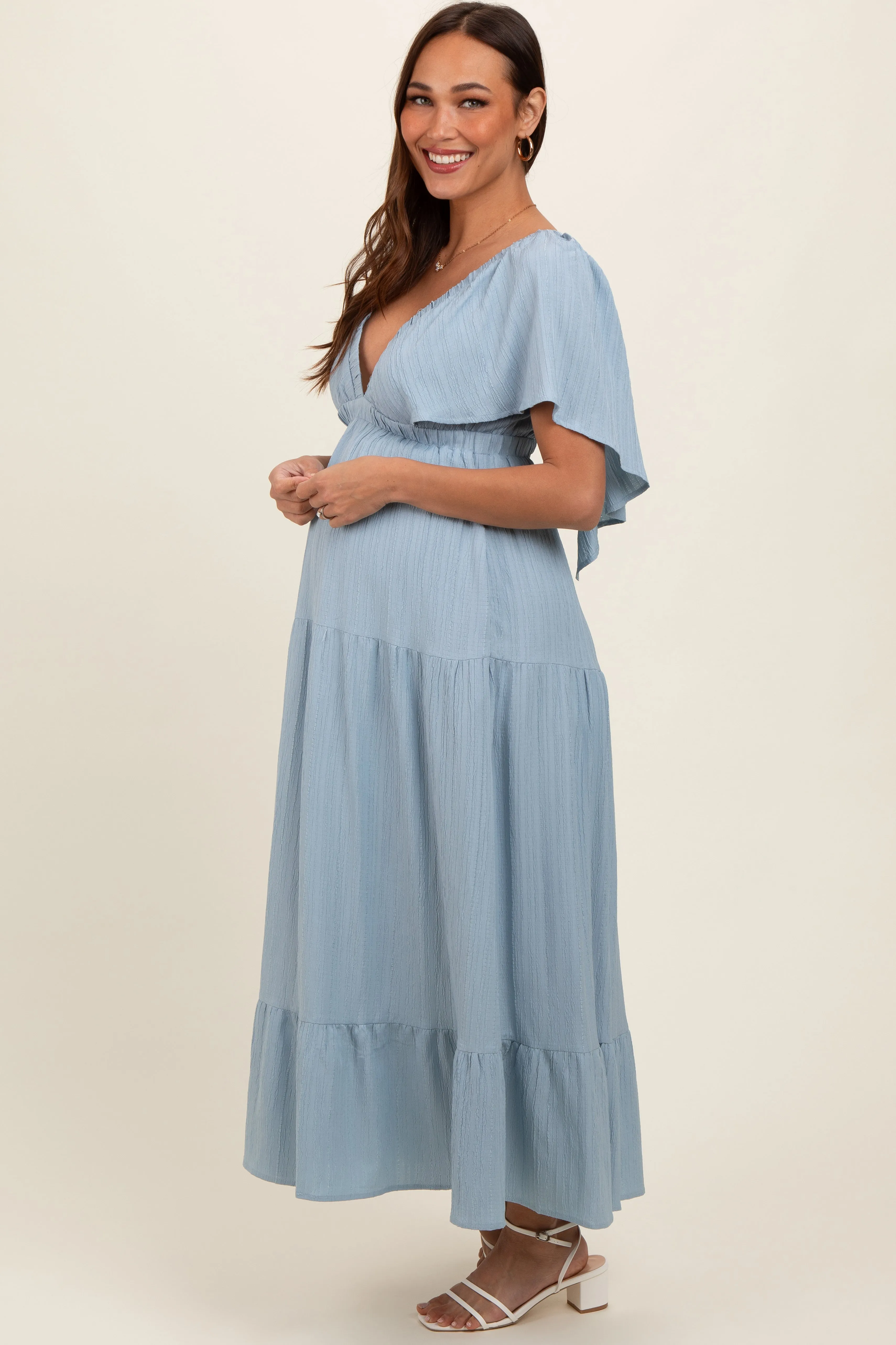 Light Blue Deep V-Neck Flutter Sleeve Tiered Maternity Midi Dress sold by Pinkblush product image thumbnail 2