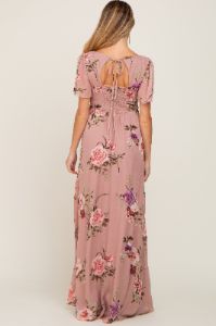 Mauve Floral Chiffon Smocked Maternity Maxi Dress sold by Pinkblush