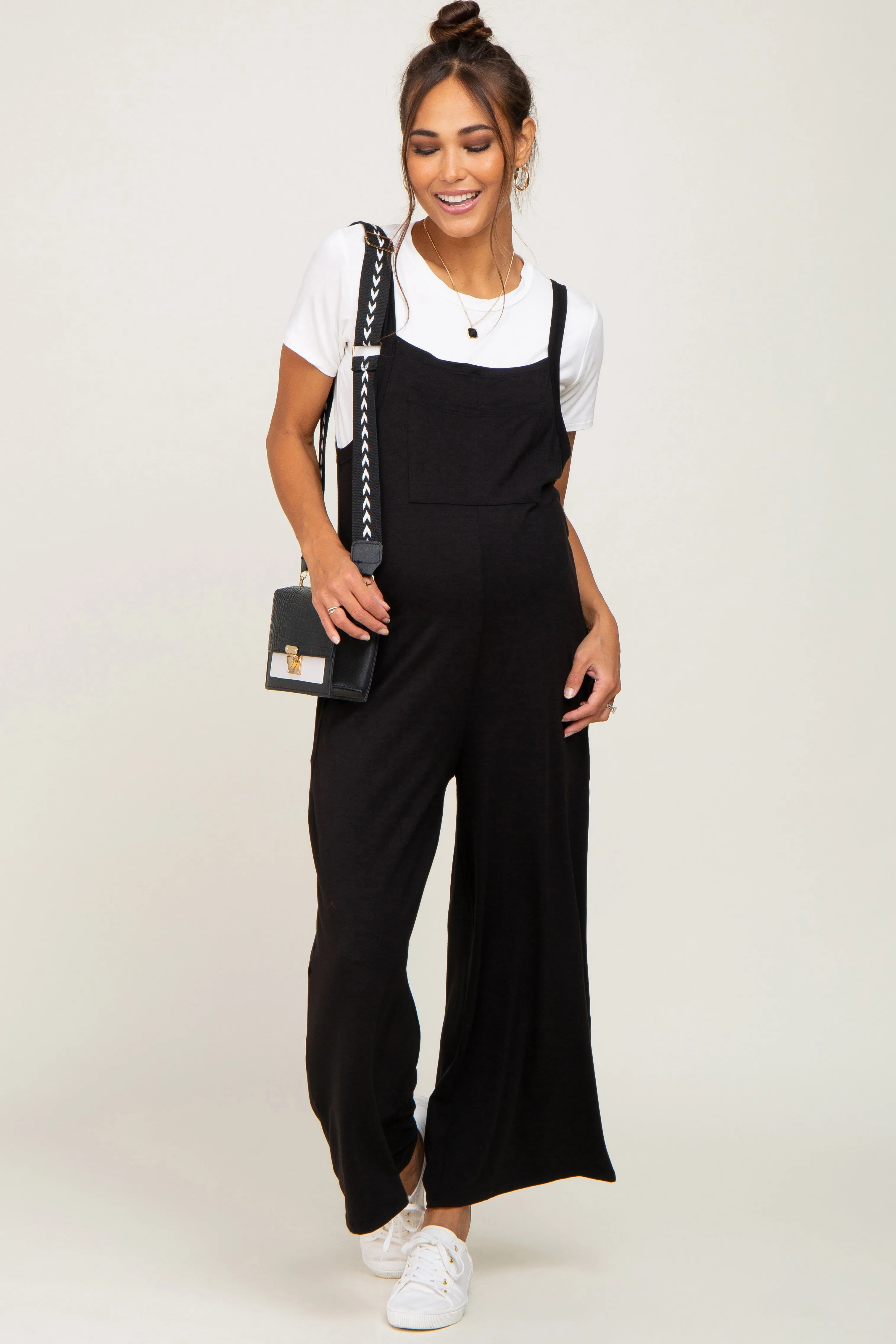 Black Sleeveless Pocketed Wide Leg Maternity Jumpsuit sold by Pinkblush