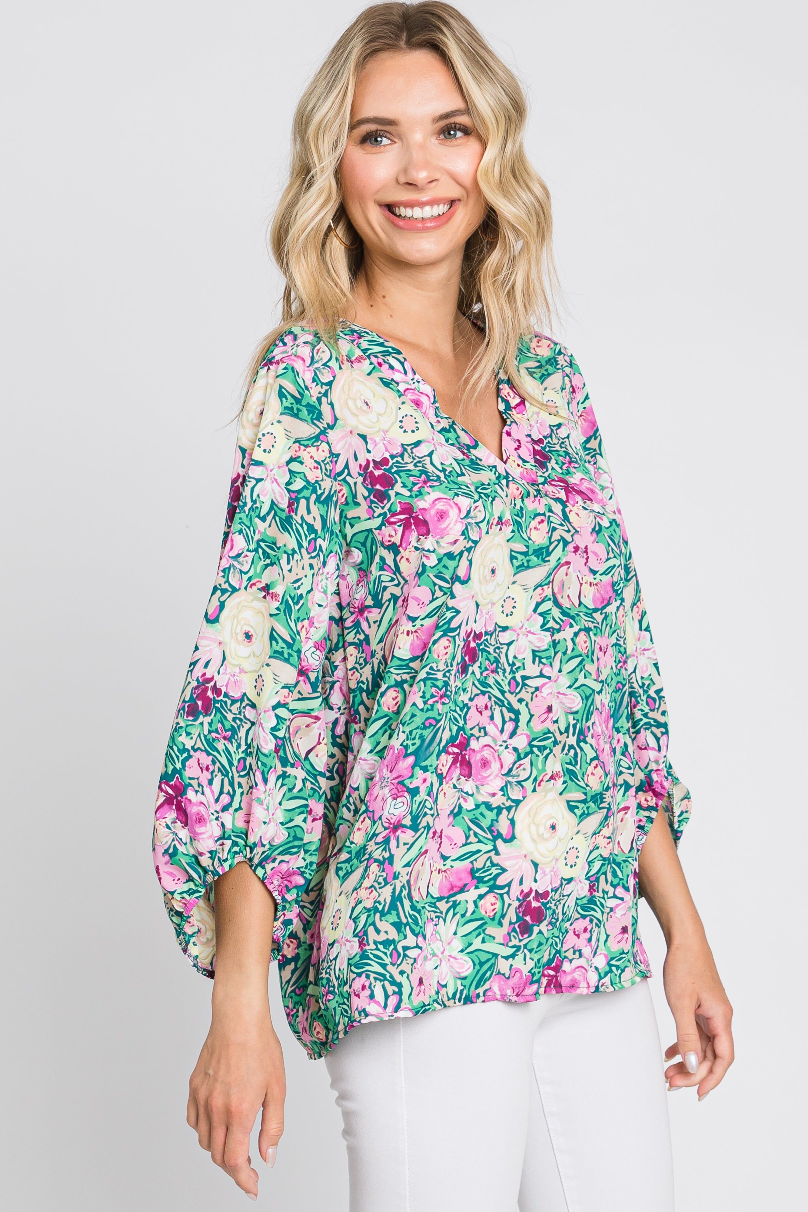 Jade Floral V-Neck 3/4 Sleeve Blouse sold by Pinkblush product image thumbnail 2
