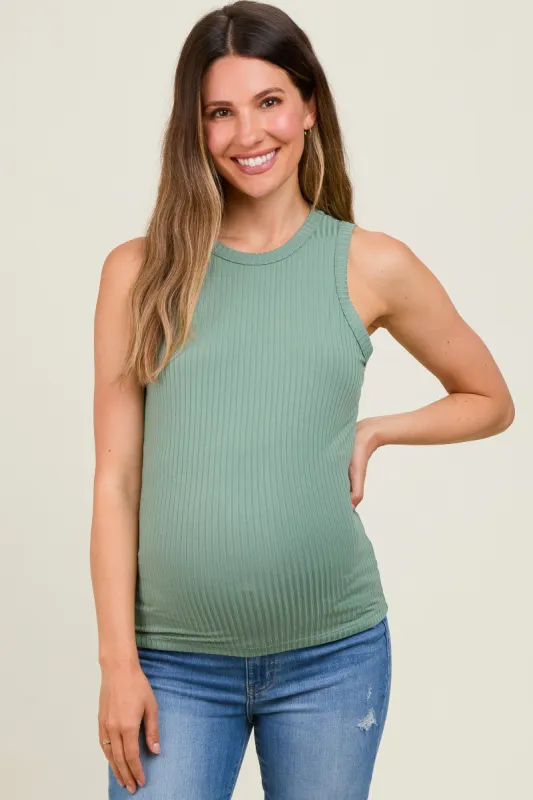 Light Olive Ribbed Racerback Maternity Tank Top sold by Pinkblush