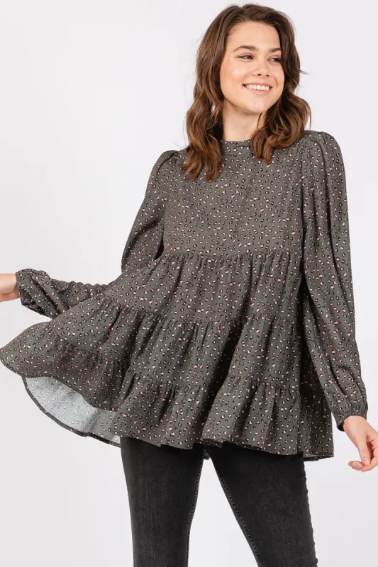 Olive Animal Print Mock Neck Tiered Top sold by Pinkblush