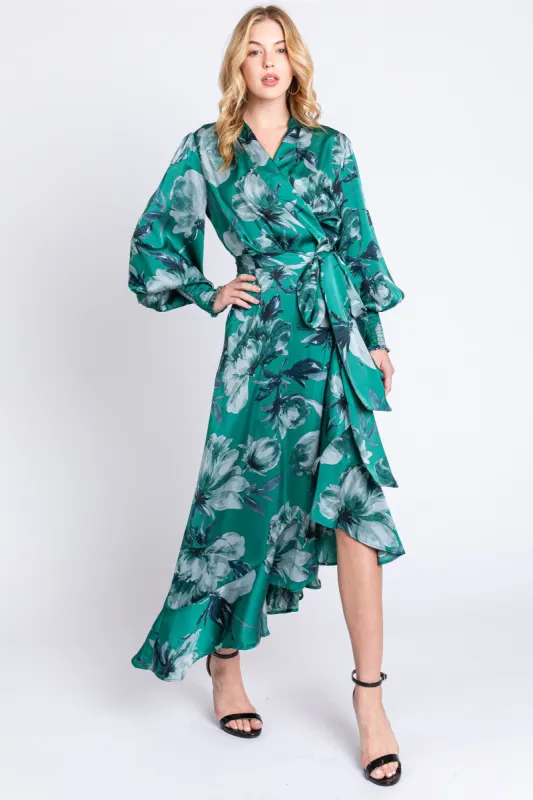 Green Satin Asymmetrical Flounce Trim Midi Dress sold by Pinkblush