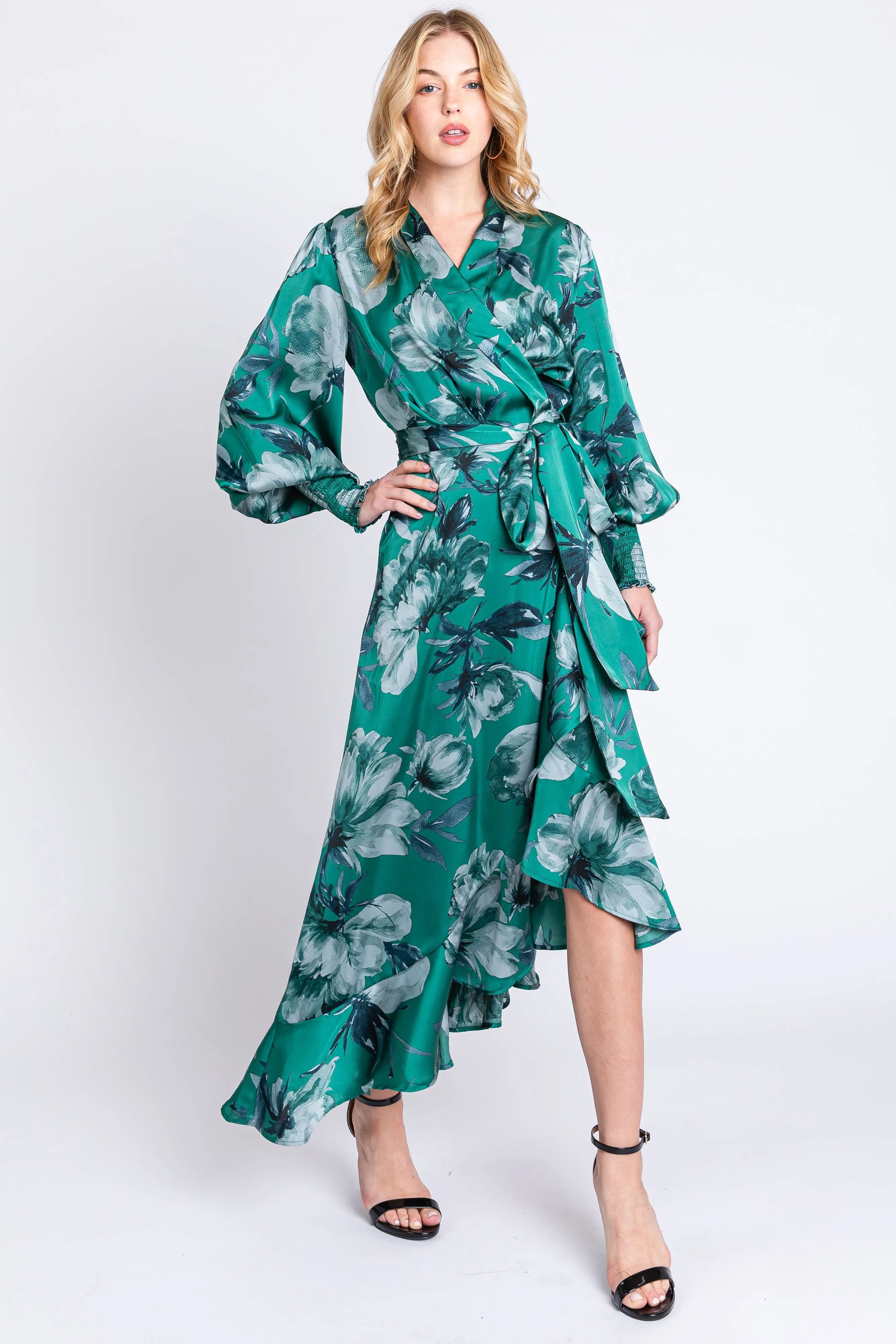 Green Satin Asymmetrical Flounce Trim Midi Dress sold by Pinkblush