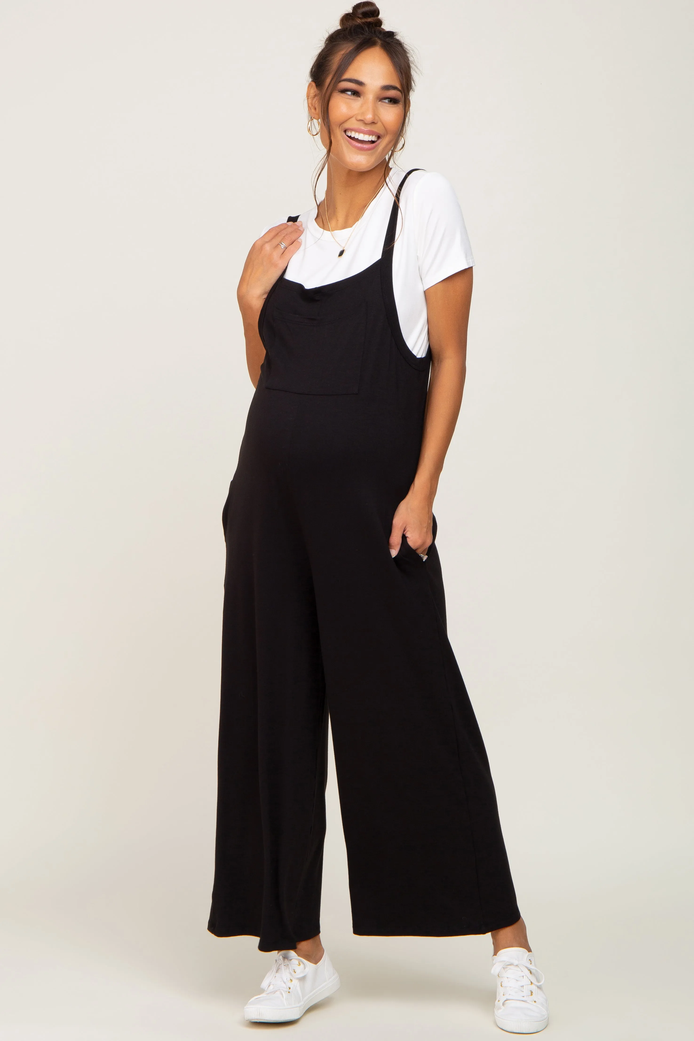 Black Sleeveless Pocketed Wide Leg Maternity Jumpsuit sold by Pinkblush product image thumbnail 5