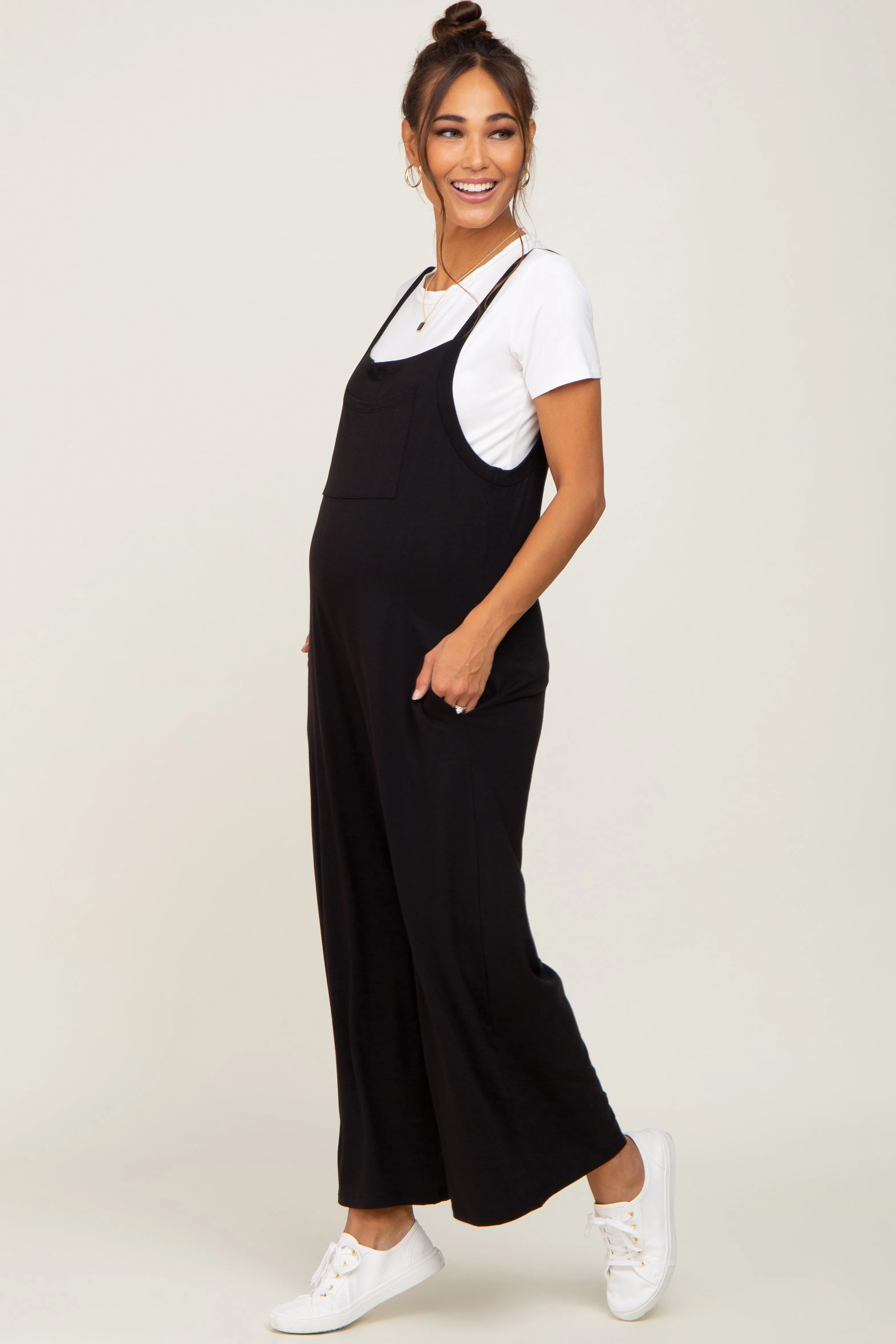 Black Sleeveless Pocketed Wide Leg Maternity Jumpsuit sold by Pinkblush product image thumbnail 2