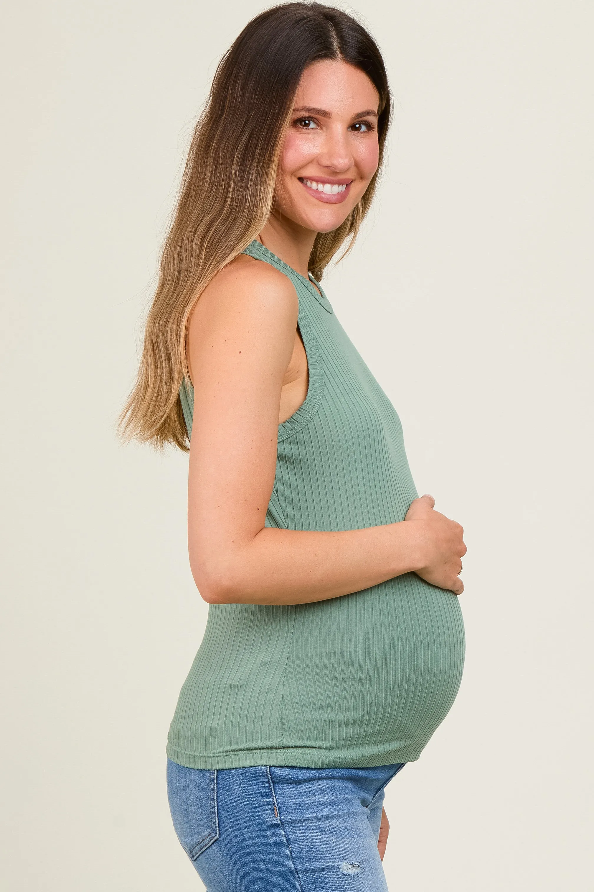 Light Olive Ribbed Racerback Maternity Tank Top sold by Pinkblush product image thumbnail 2