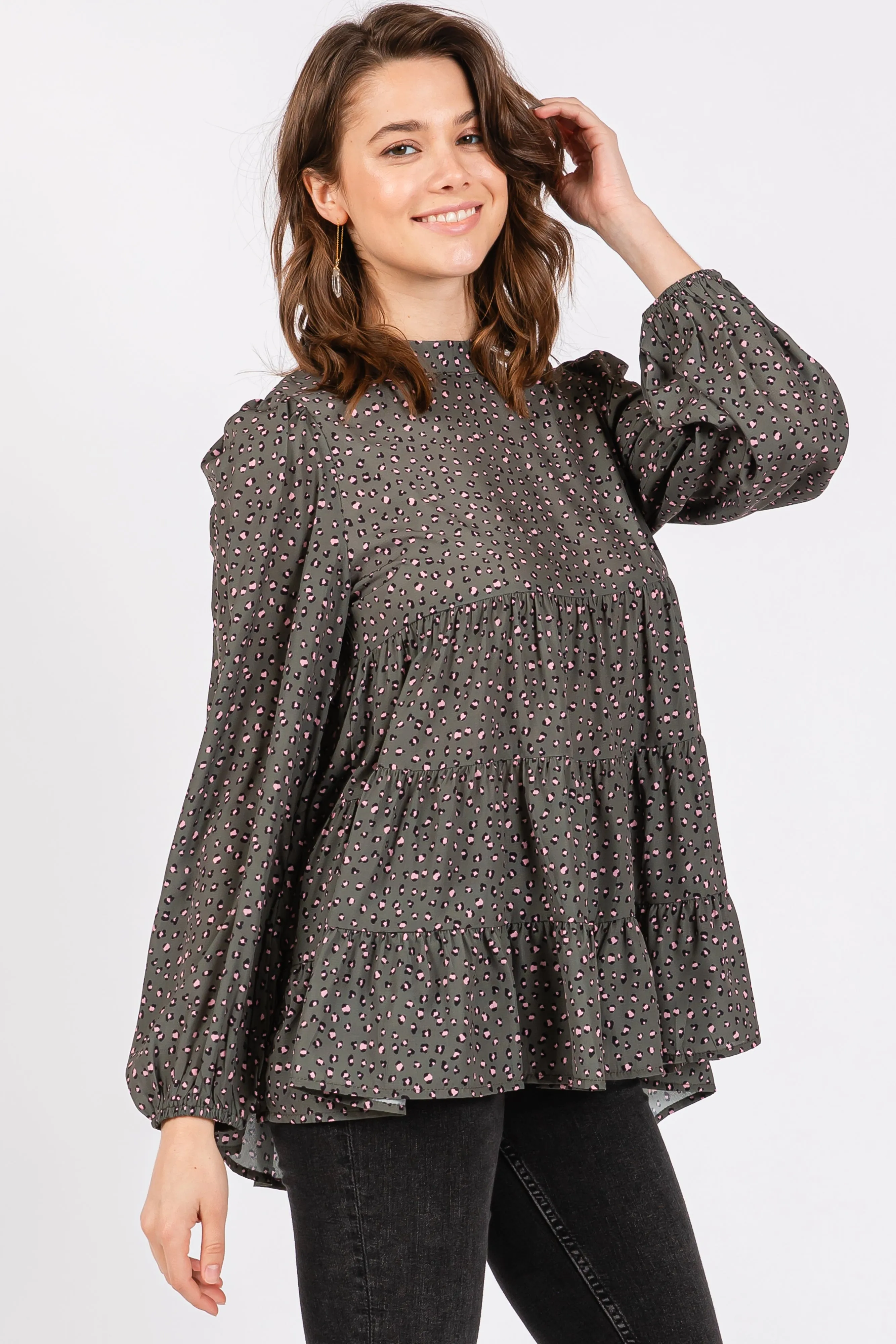 Olive Animal Print Mock Neck Tiered Top sold by Pinkblush product image thumbnail 2