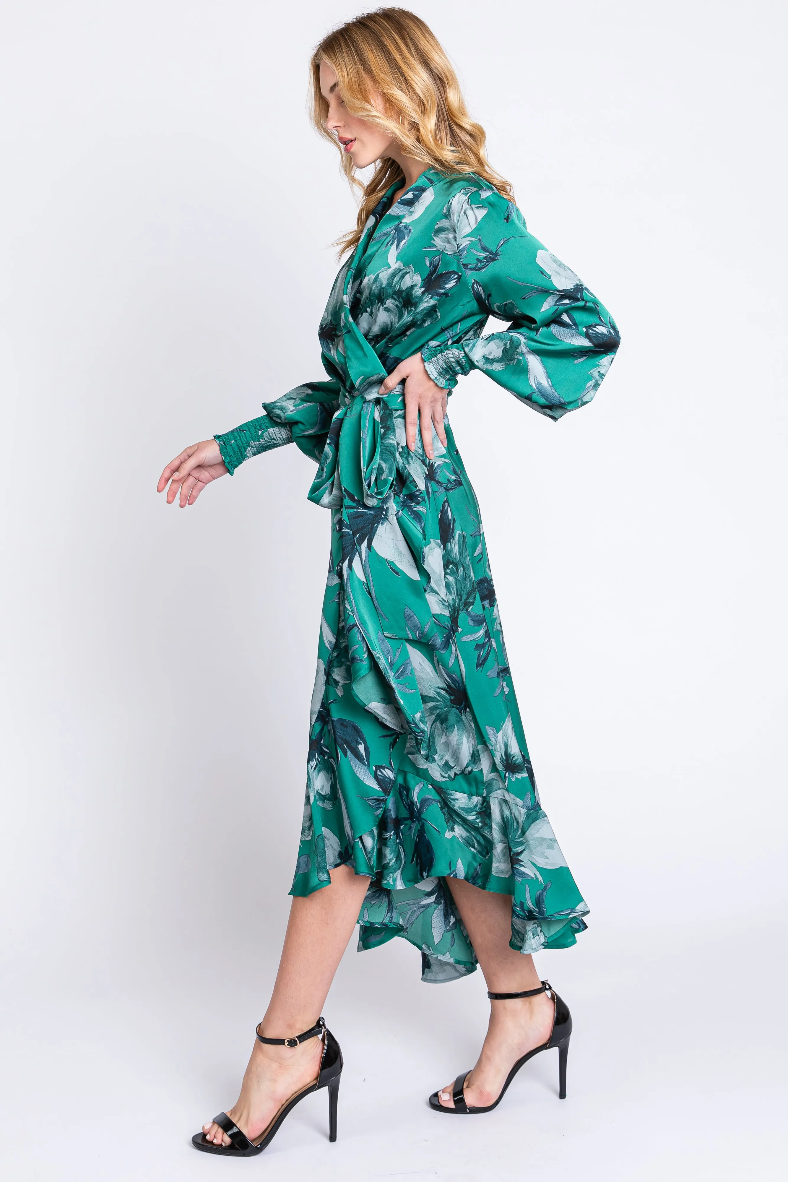 Green Satin Asymmetrical Flounce Trim Midi Dress sold by Pinkblush product image thumbnail 2