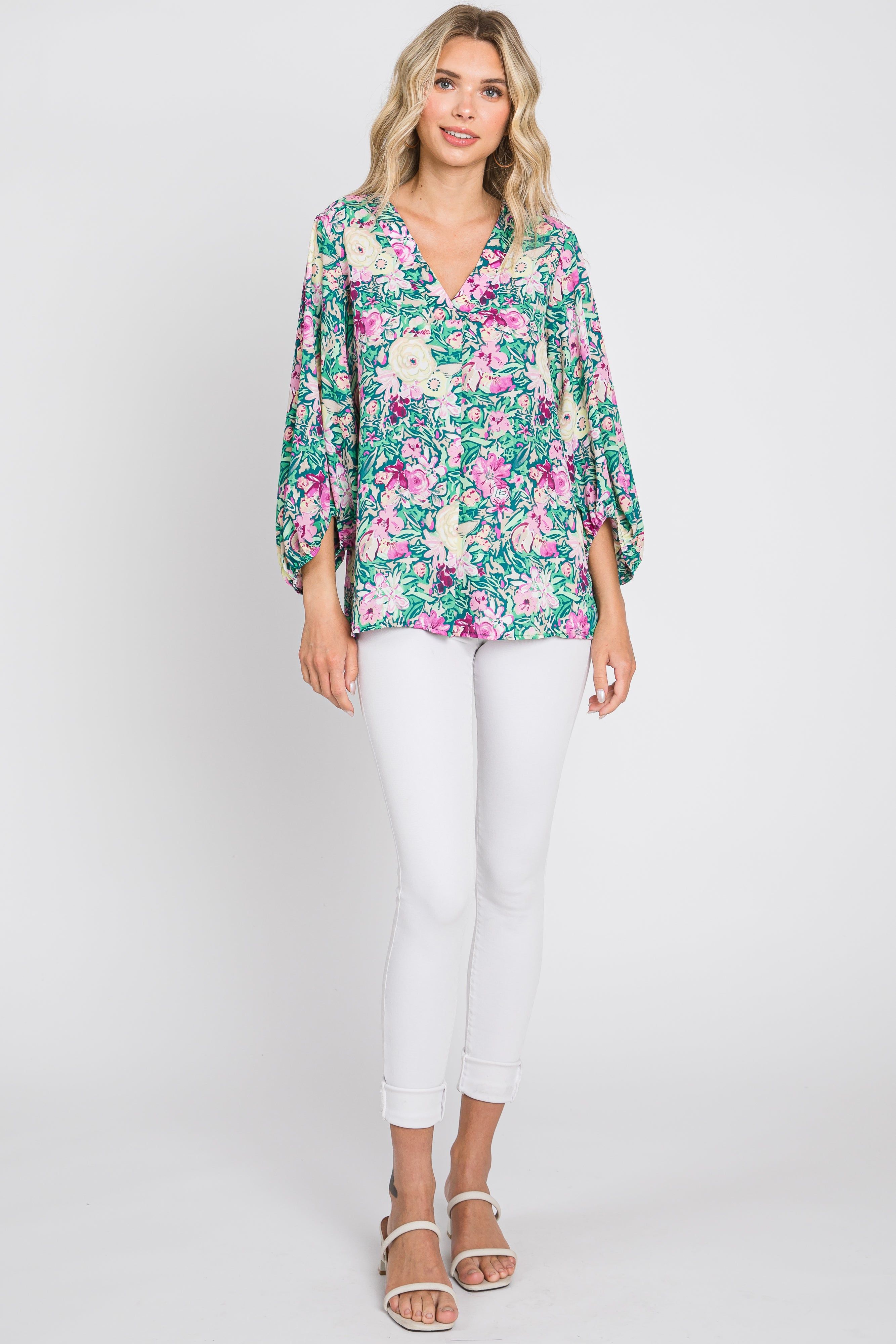Jade Floral V-Neck 3/4 Sleeve Blouse sold by Pinkblush product image thumbnail 4