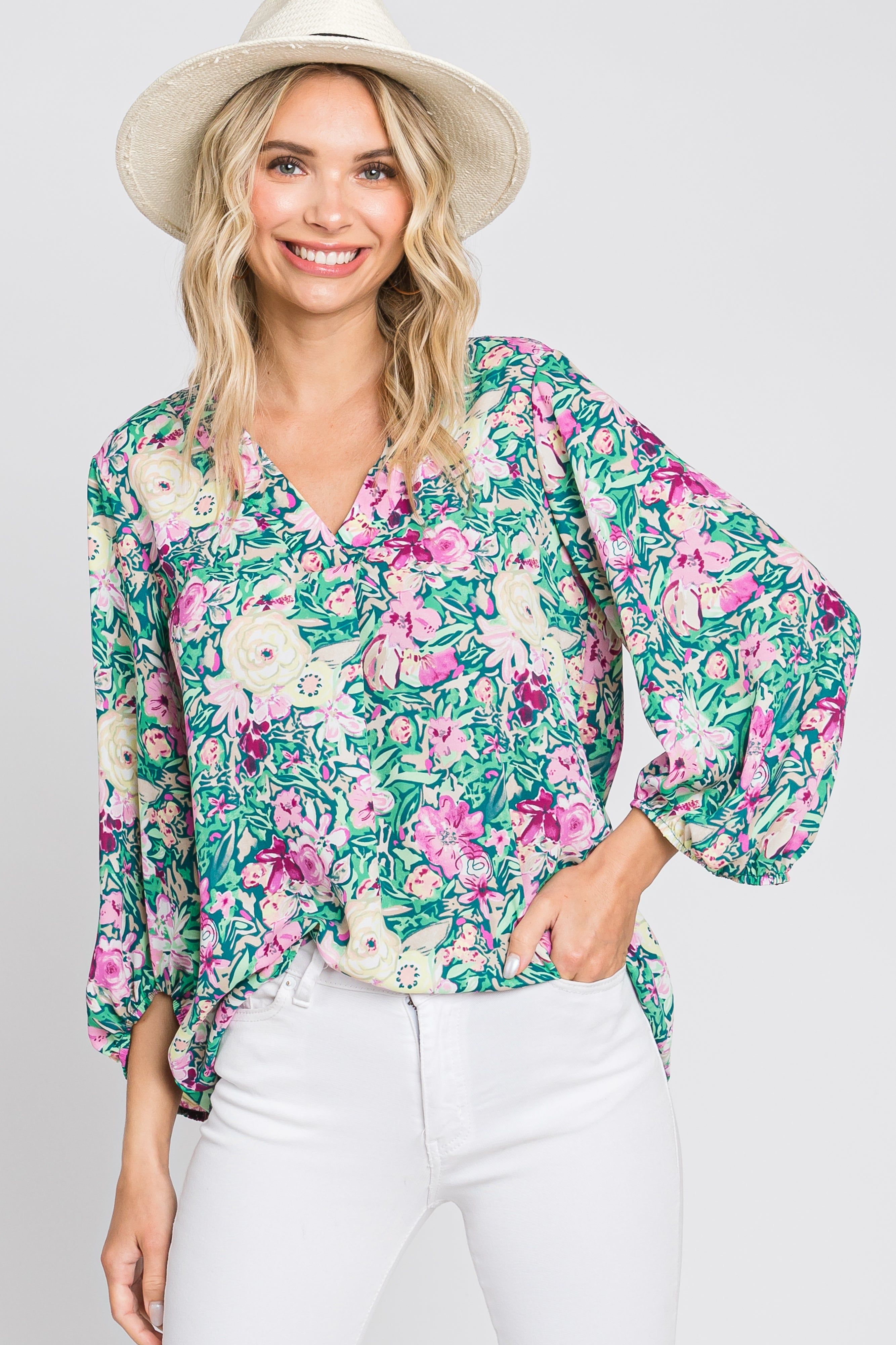 Jade Floral V-Neck 3/4 Sleeve Blouse sold by Pinkblush