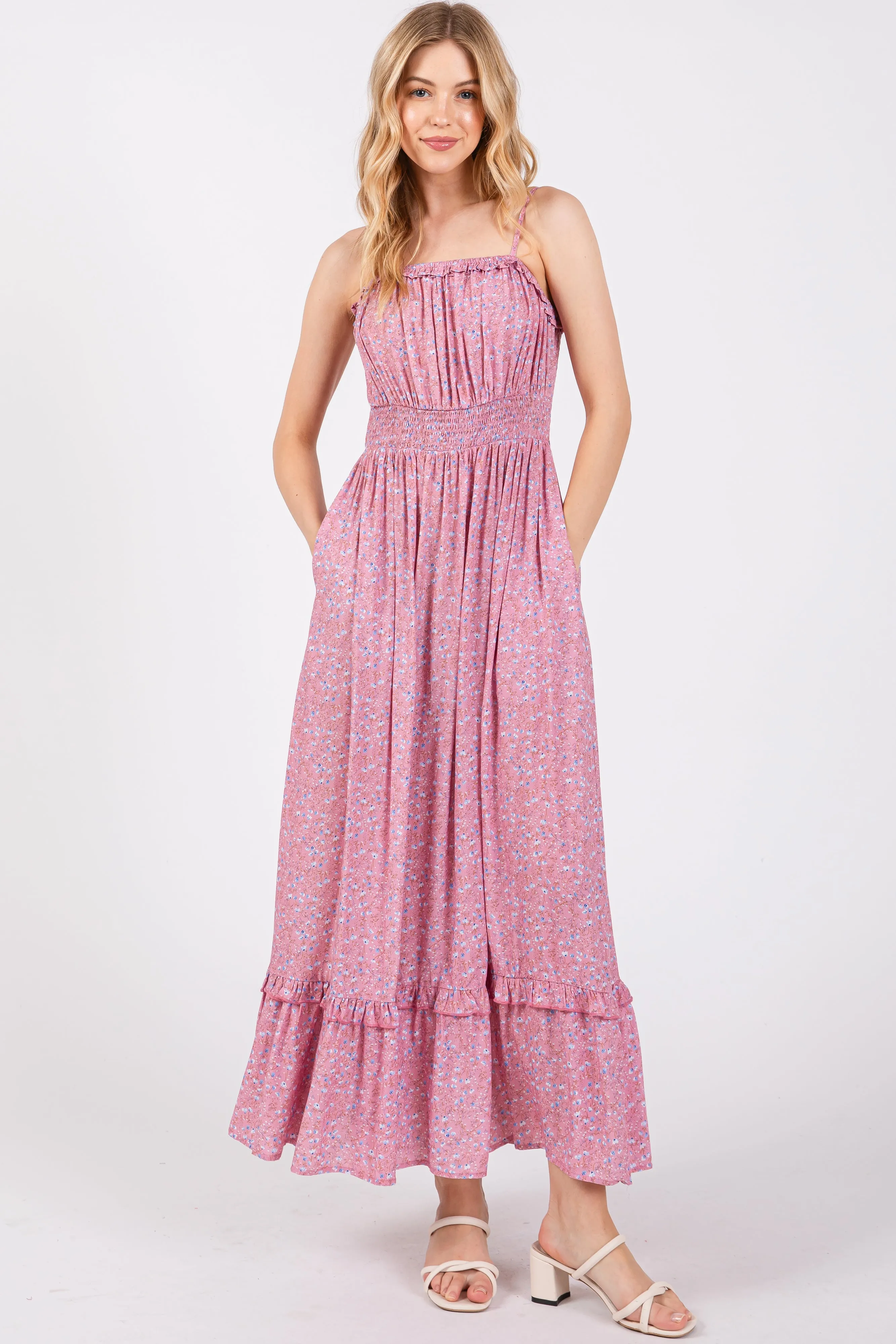 Pink Floral Ruffle Square Neck Smocked Waist Maternity Maxi Dress sold by Pinkblush product image thumbnail 4