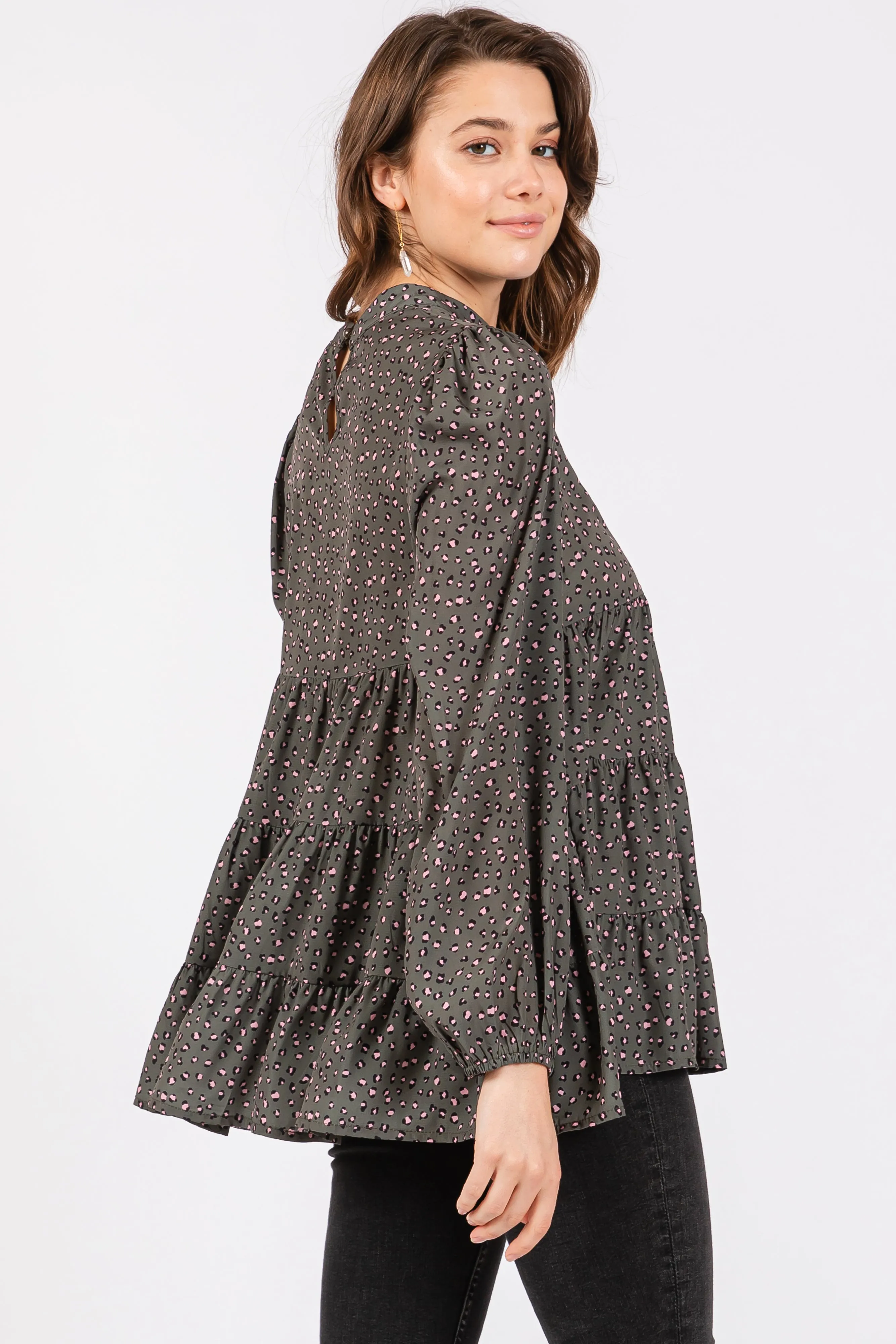 Olive Animal Print Mock Neck Tiered Top sold by Pinkblush product image thumbnail 3
