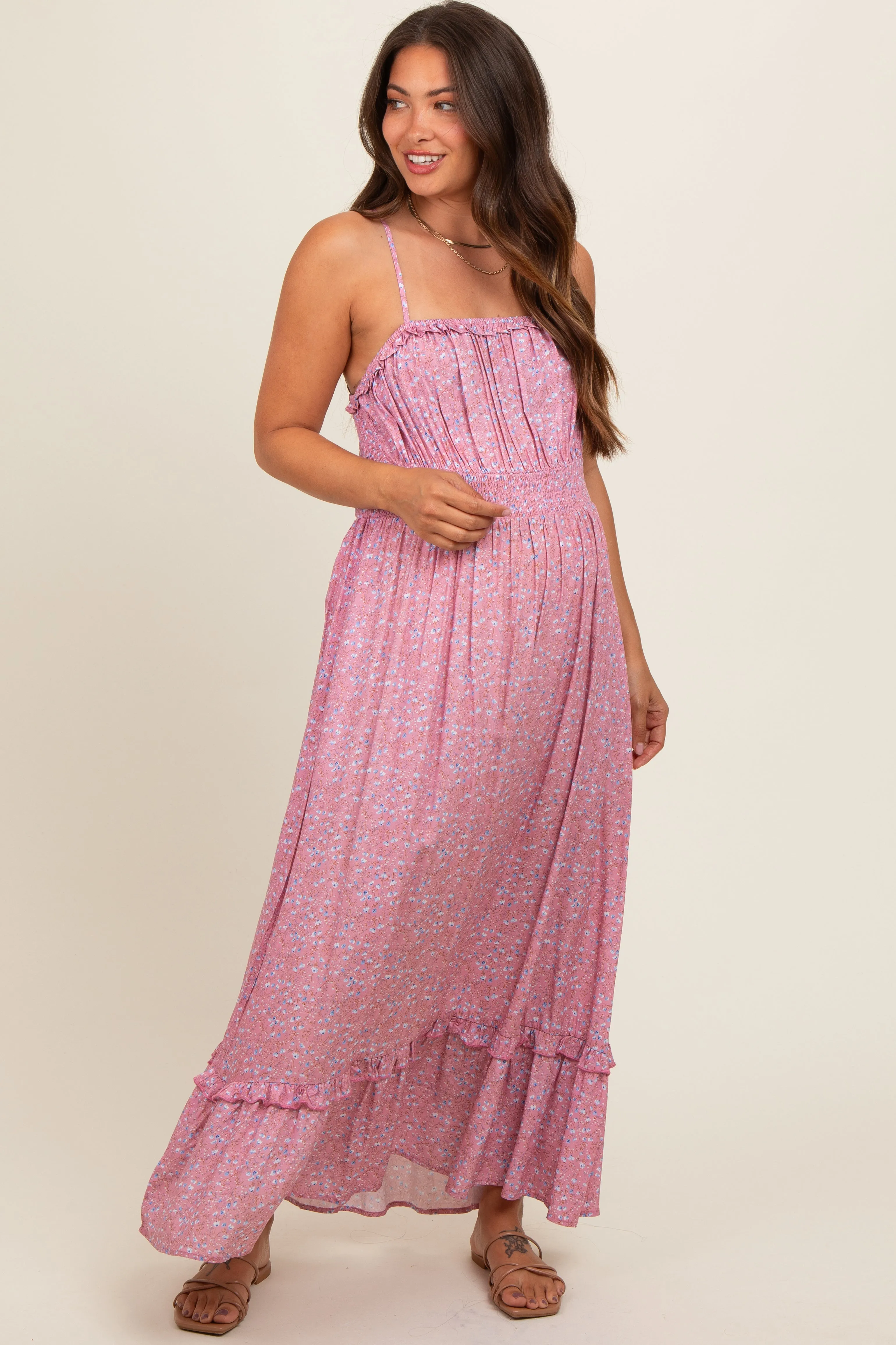 Pink Floral Ruffle Square Neck Smocked Waist Maternity Maxi Dress sold by Pinkblush