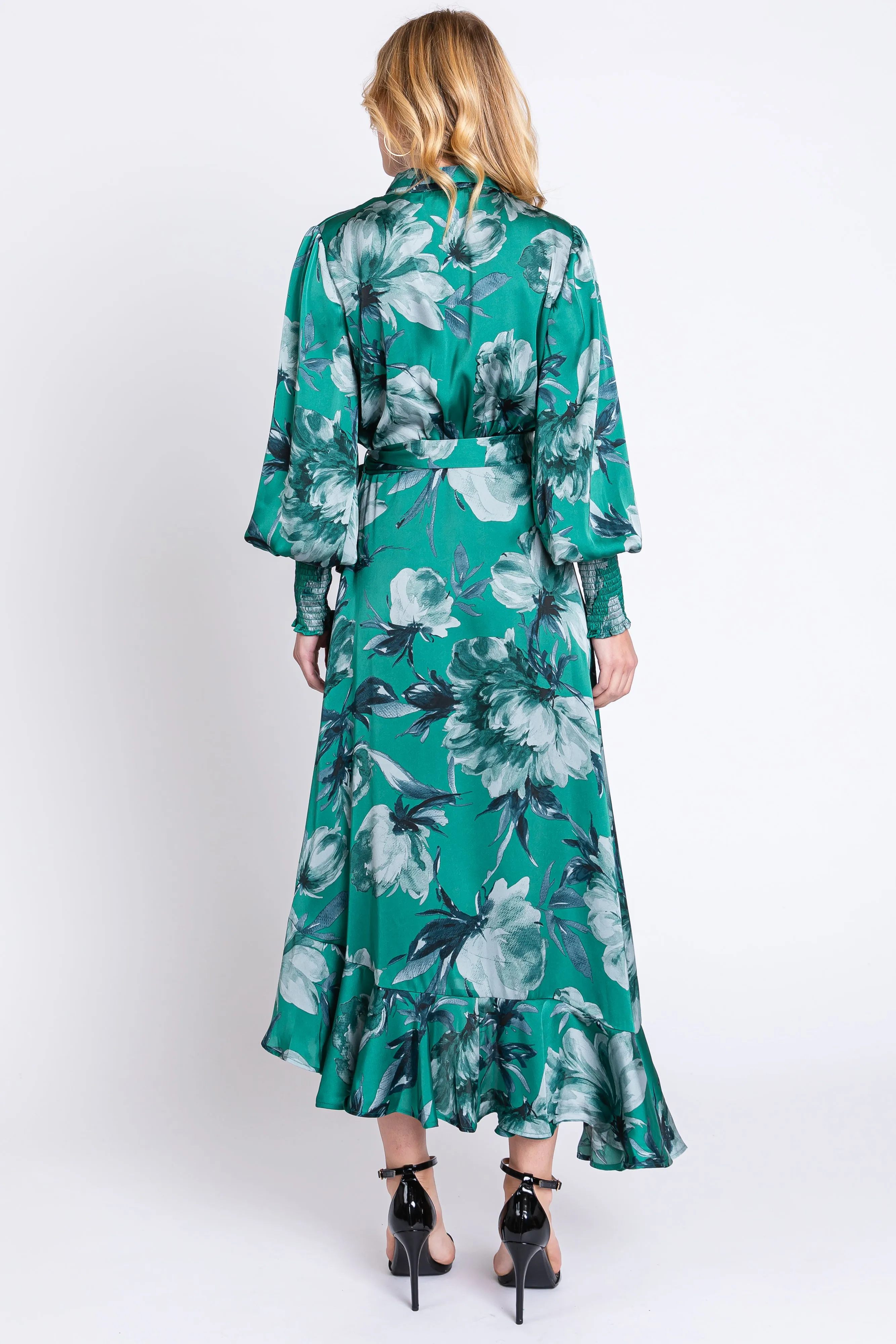 Green Satin Asymmetrical Flounce Trim Midi Dress sold by Pinkblush product image thumbnail 3