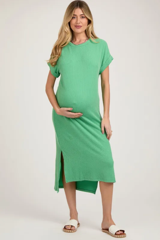 Green Ribbed Short Sleeve Maternity Midi Dress sold by Pinkblush