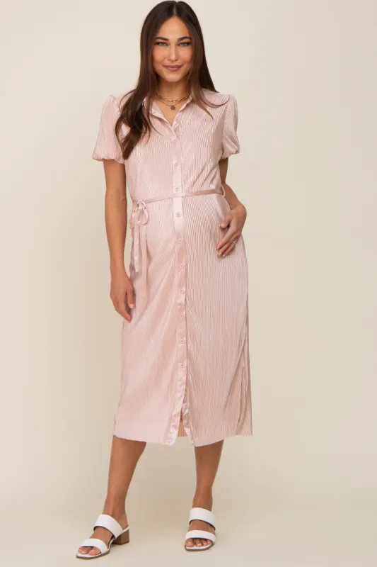 Light Pink Pleated Button-Down Collared Maternity Midi Dress sold by Pinkblush