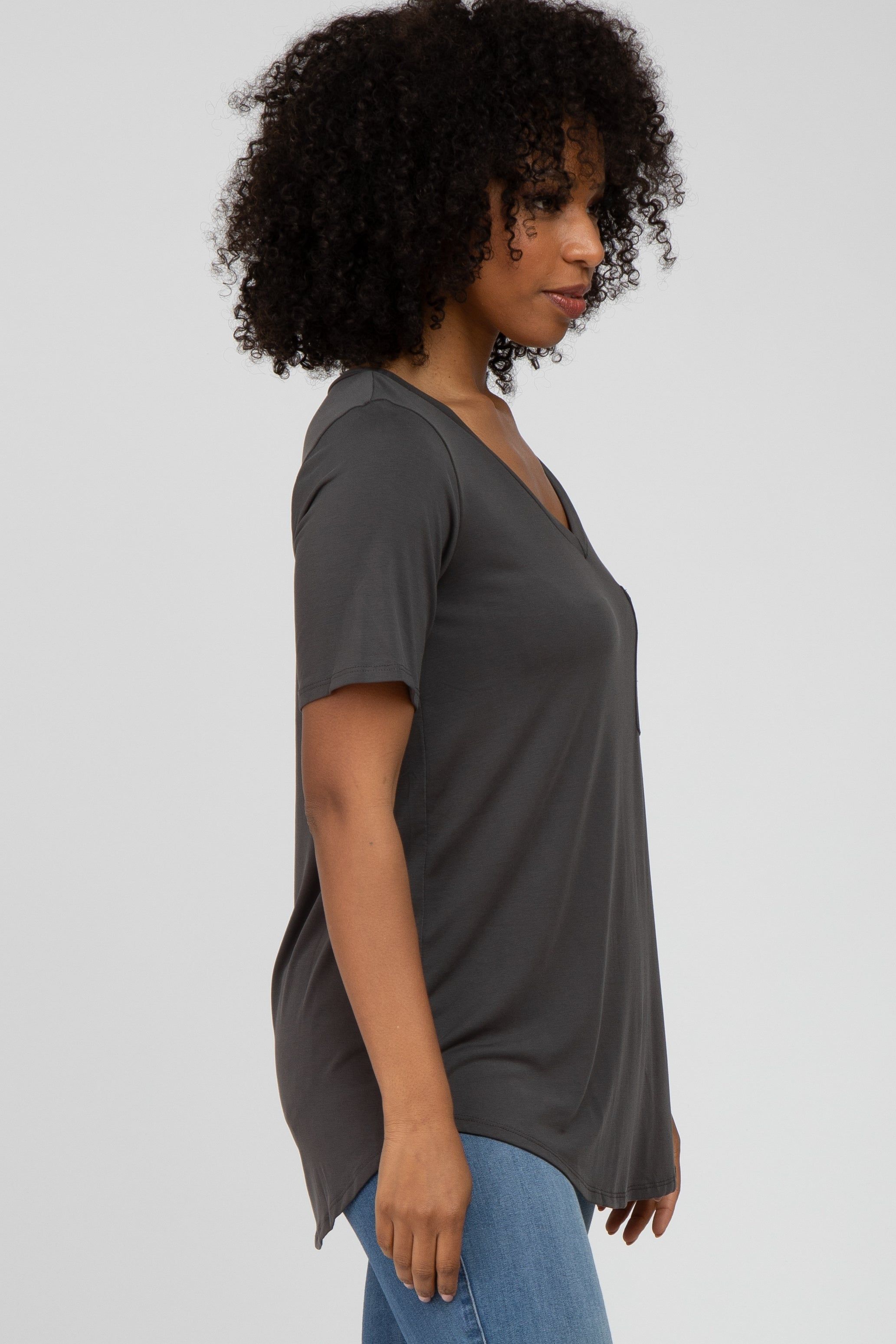 Charcoal V-Neck Front Pocket Short Sleeve Top sold by Pinkblush product image thumbnail 3