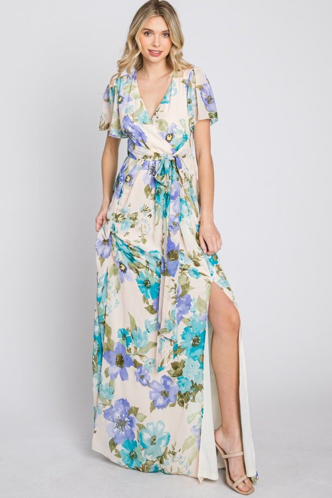 Blue Floral Chiffon Short Sleeve Side Slit Maxi Dress sold by Pinkblush product image thumbnail 11