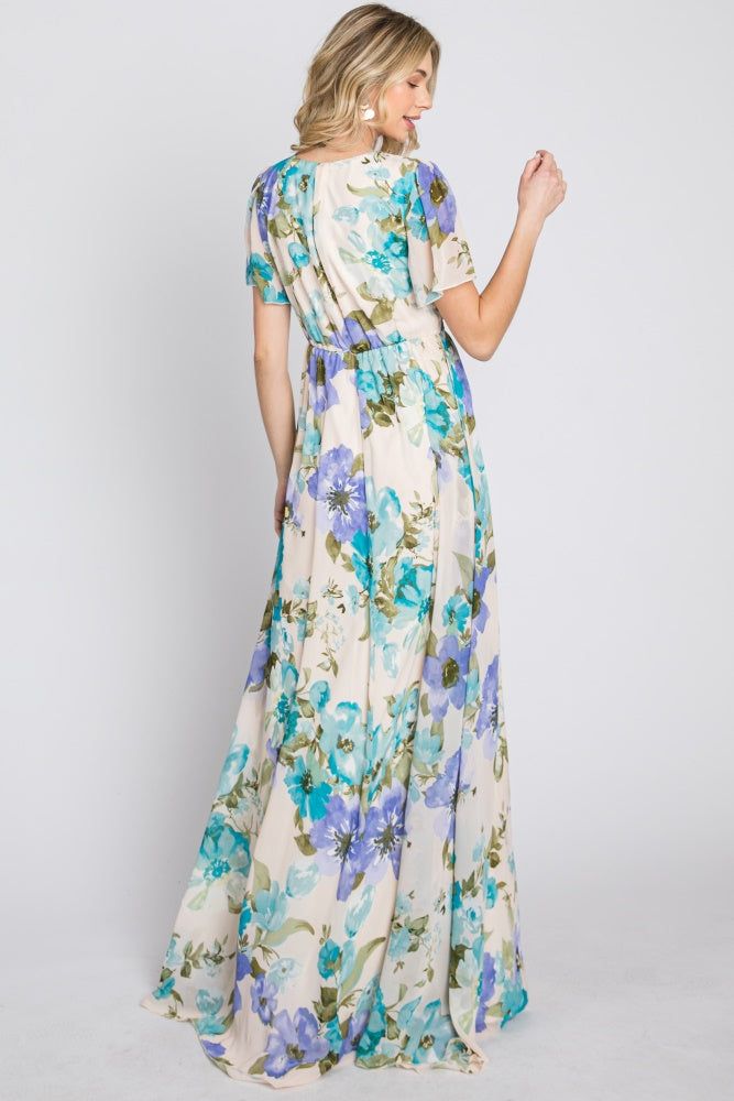 Blue Floral Chiffon Short Sleeve Side Slit Maxi Dress sold by Pinkblush product image thumbnail 8