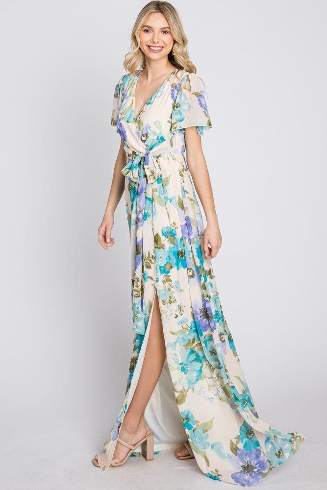 Blue Floral Chiffon Short Sleeve Side Slit Maxi Dress sold by Pinkblush product image thumbnail 5