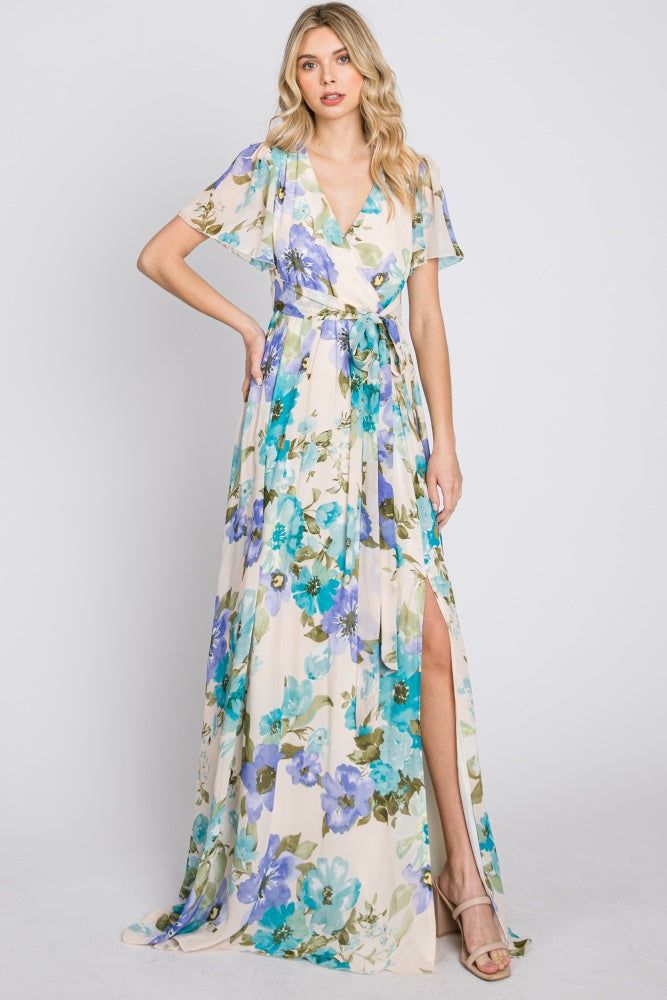 Blue Floral Chiffon Short Sleeve Side Slit Maxi Dress sold by Pinkblush product image thumbnail 2
