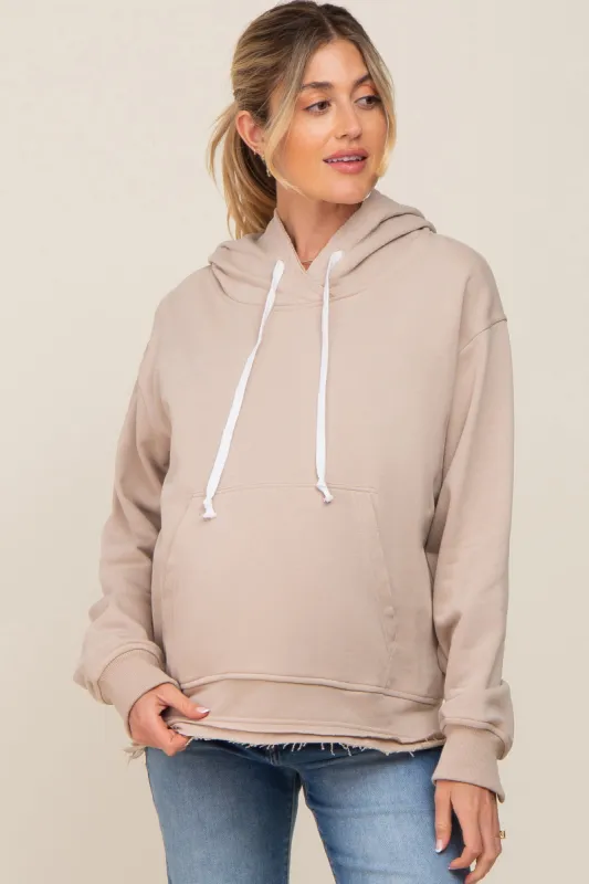Beige Raw Edge Trim Maternity Drawstring Hoodie sold by Pinkblush