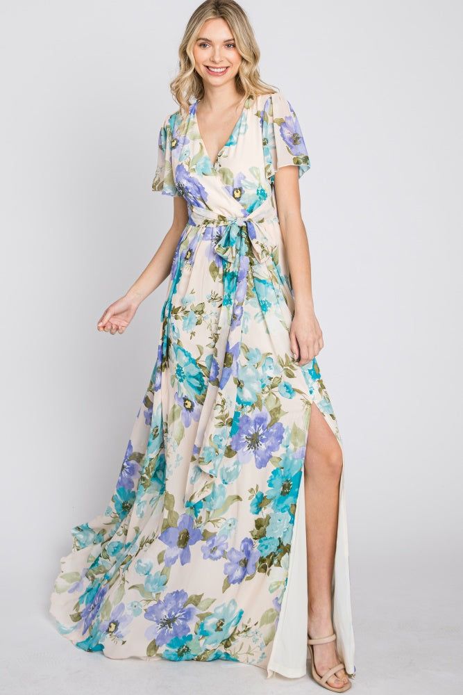 Blue Floral Chiffon Short Sleeve Side Slit Maxi Dress sold by Pinkblush product image thumbnail 12