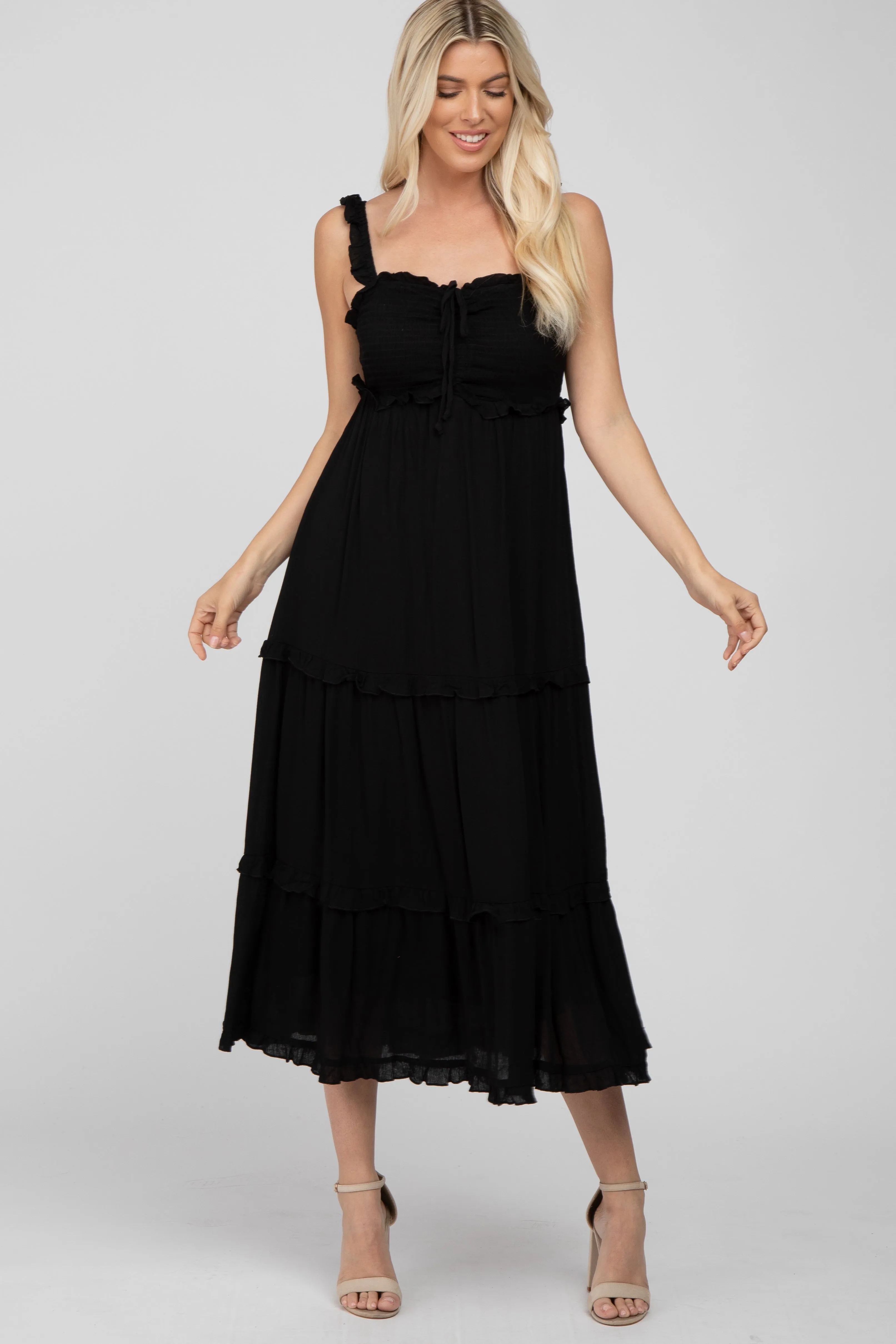 Black Ruffle Accent Maternity Midi Dress sold by Pinkblush product image thumbnail 4