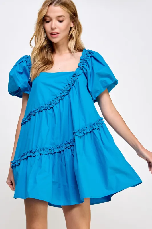 Classic Blue Asymmetric Ruffle Poplin Mini Dress sold by Pinkblush