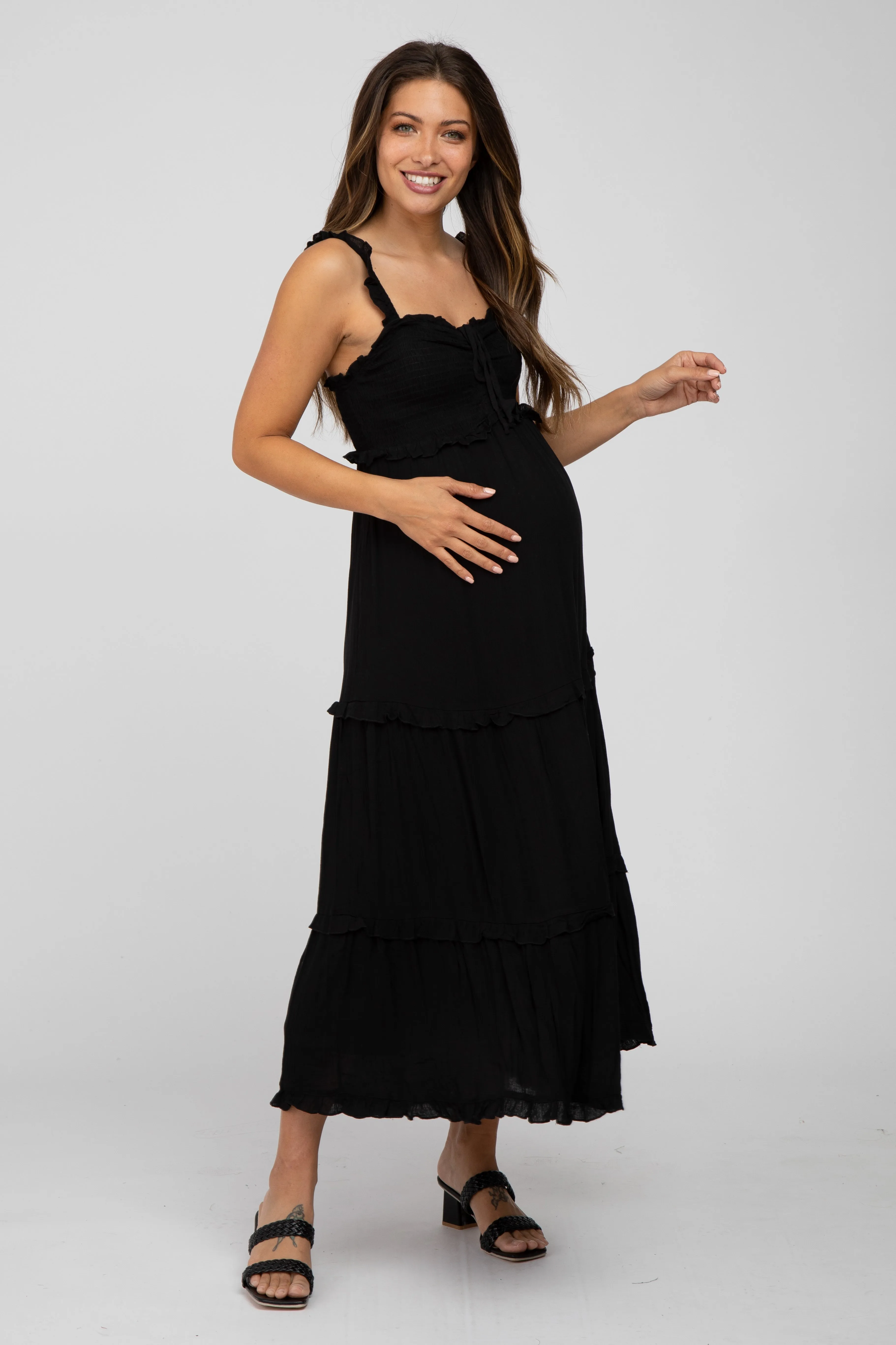 Black Ruffle Accent Maternity Midi Dress sold by Pinkblush