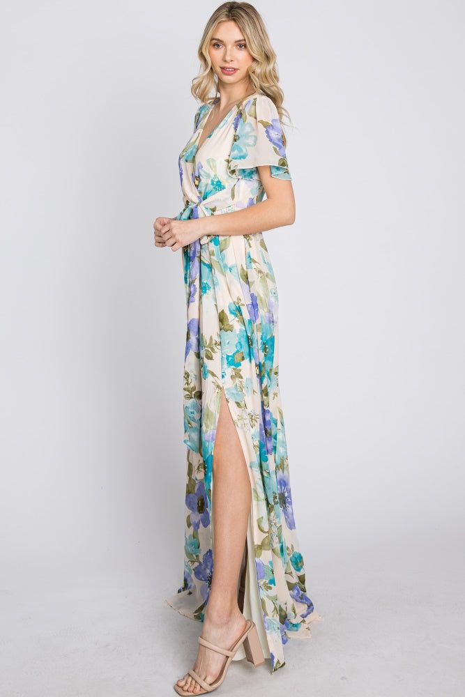 Blue Floral Chiffon Short Sleeve Side Slit Maxi Dress sold by Pinkblush product image thumbnail 6