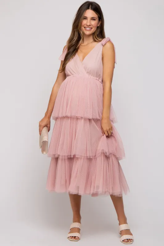 Pink Sleeveless Tiered Tie Strap Tulle Maternity Midi Dress sold by Pinkblush