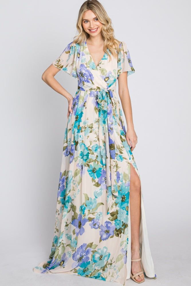 Blue Floral Chiffon Short Sleeve Side Slit Maxi Dress sold by Pinkblush product image thumbnail 3