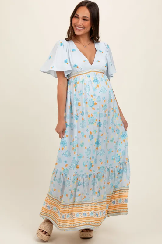 Light Blue Floral Flounce Sleeve Maternity Maxi Dress sold by Pinkblush