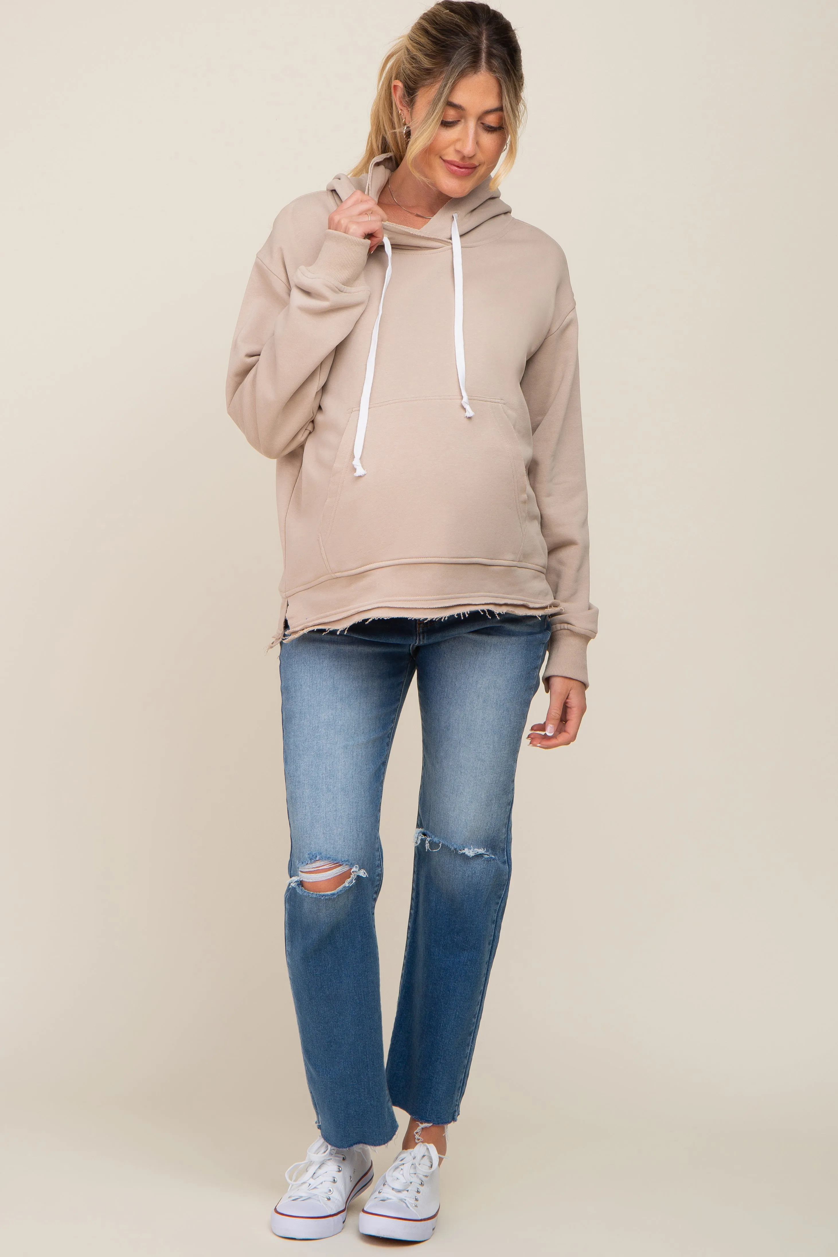 Beige Raw Edge Trim Maternity Drawstring Hoodie sold by Pinkblush product image thumbnail 5