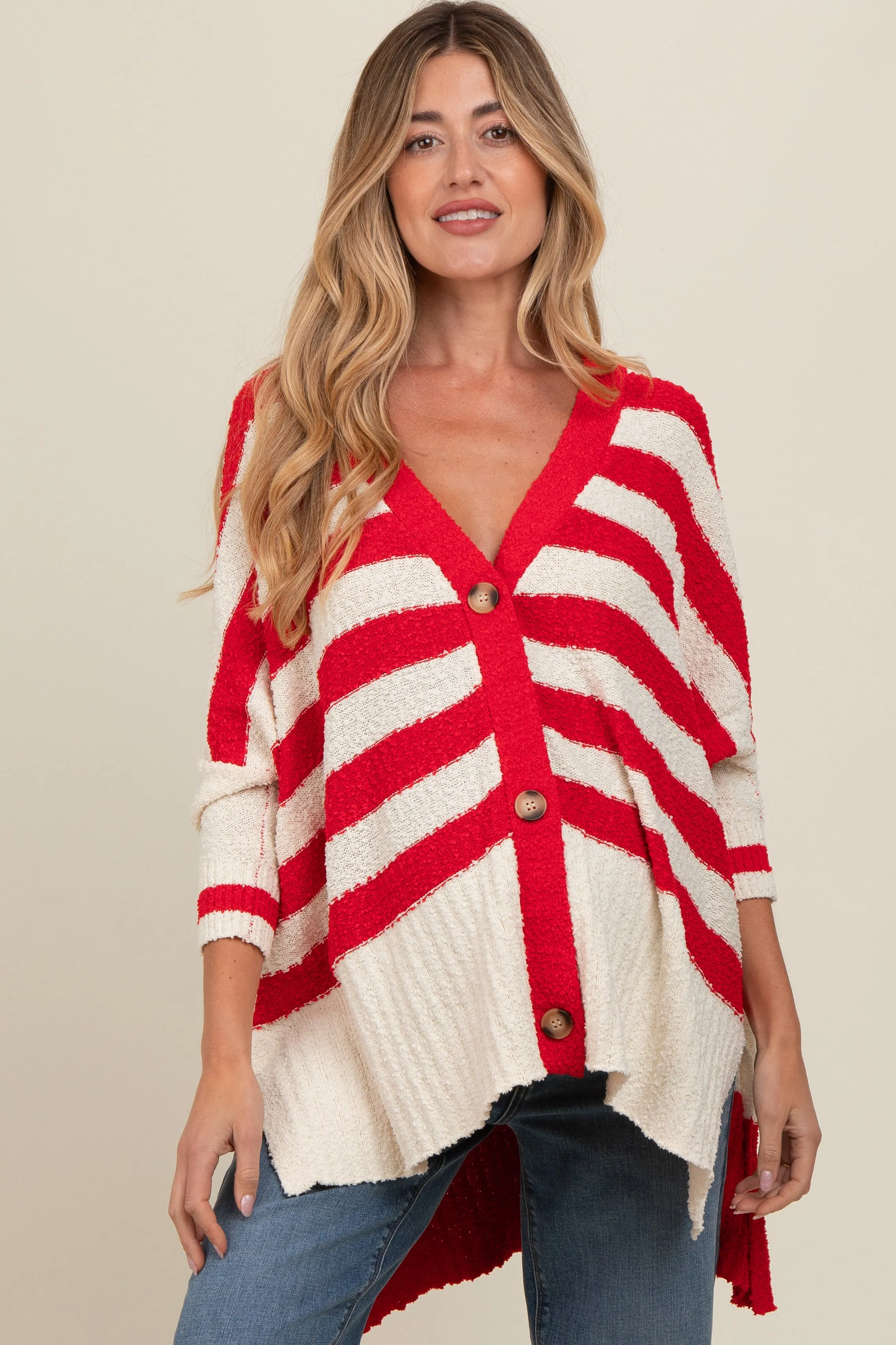 Red Textured Knit Striped Oversized Maternity Cardigan sold by Pinkblush