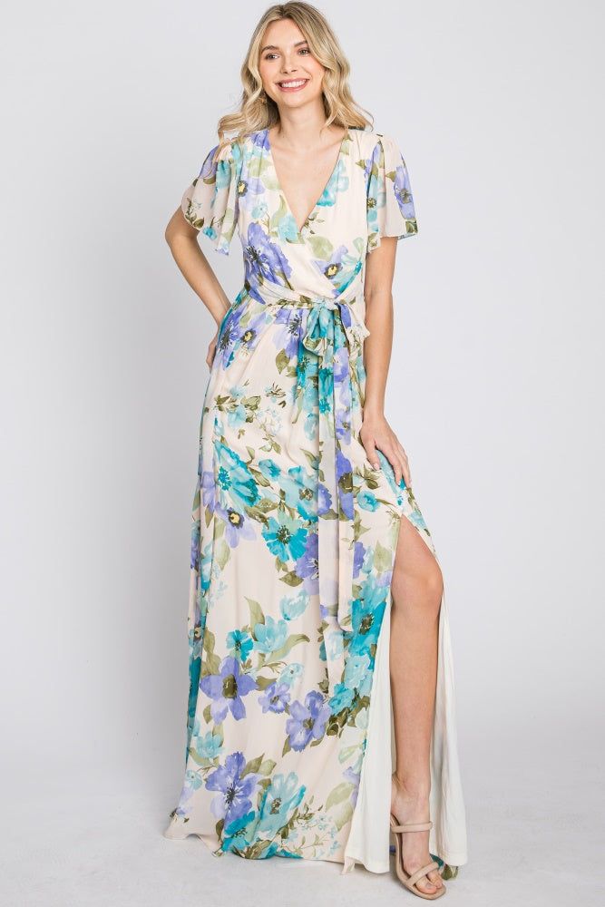 Blue Floral Chiffon Short Sleeve Side Slit Maxi Dress sold by Pinkblush product image thumbnail 10