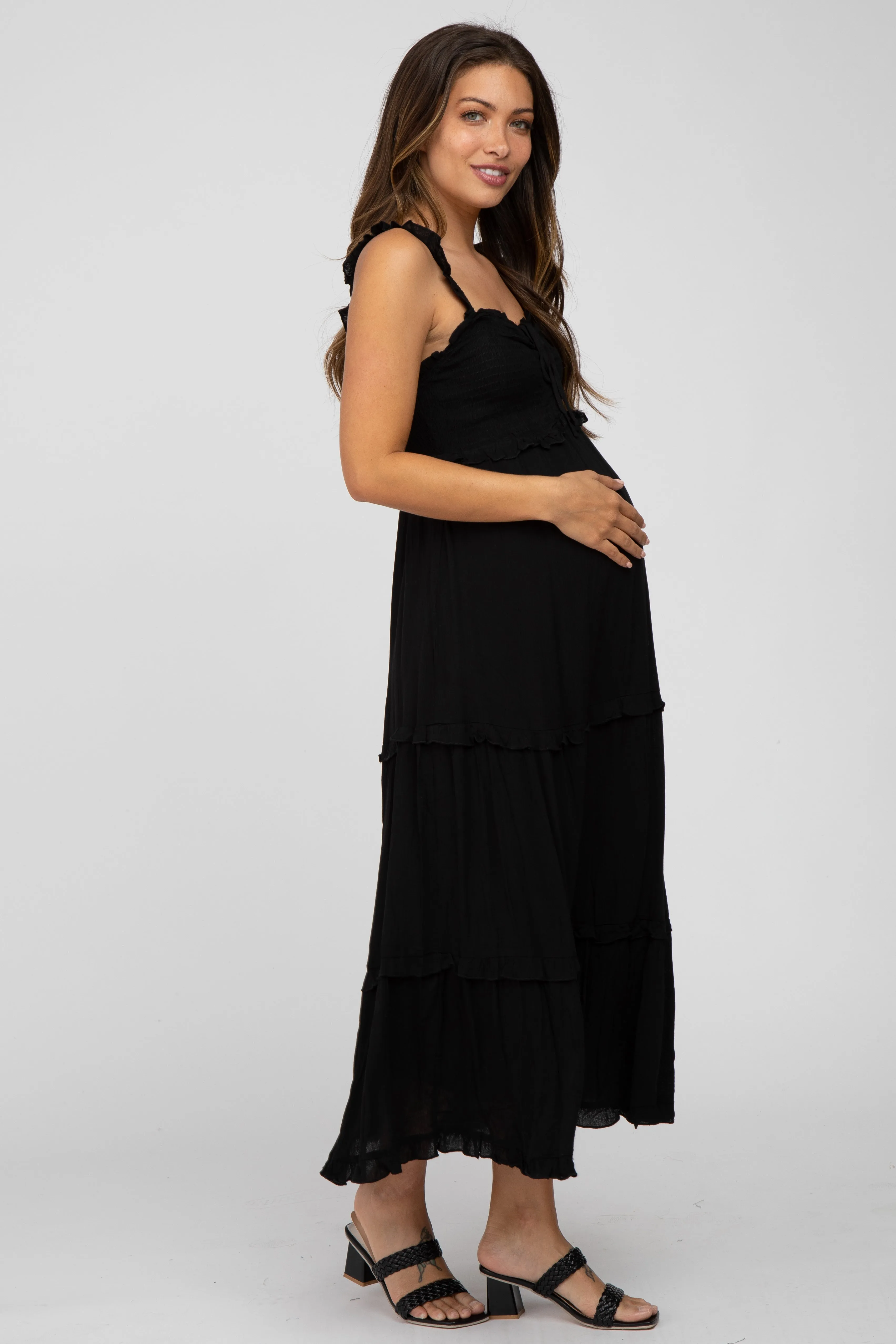 Black Ruffle Accent Maternity Midi Dress sold by Pinkblush product image thumbnail 2