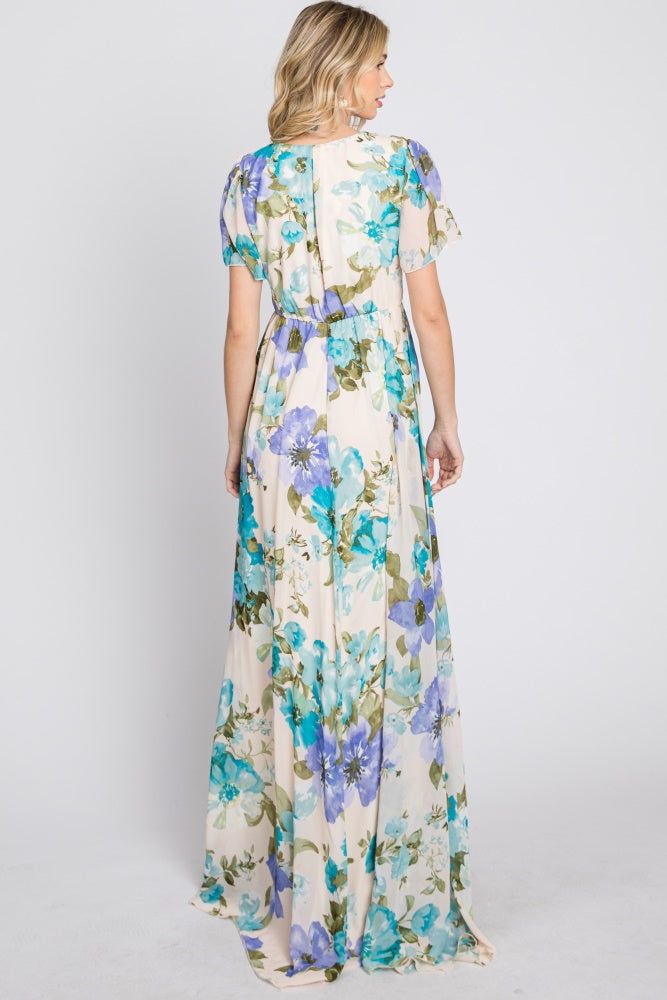 Blue Floral Chiffon Short Sleeve Side Slit Maxi Dress sold by Pinkblush product image thumbnail 7