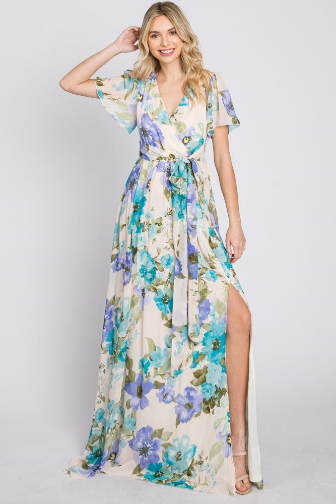 Blue Floral Chiffon Short Sleeve Side Slit Maxi Dress sold by Pinkblush product image thumbnail 4