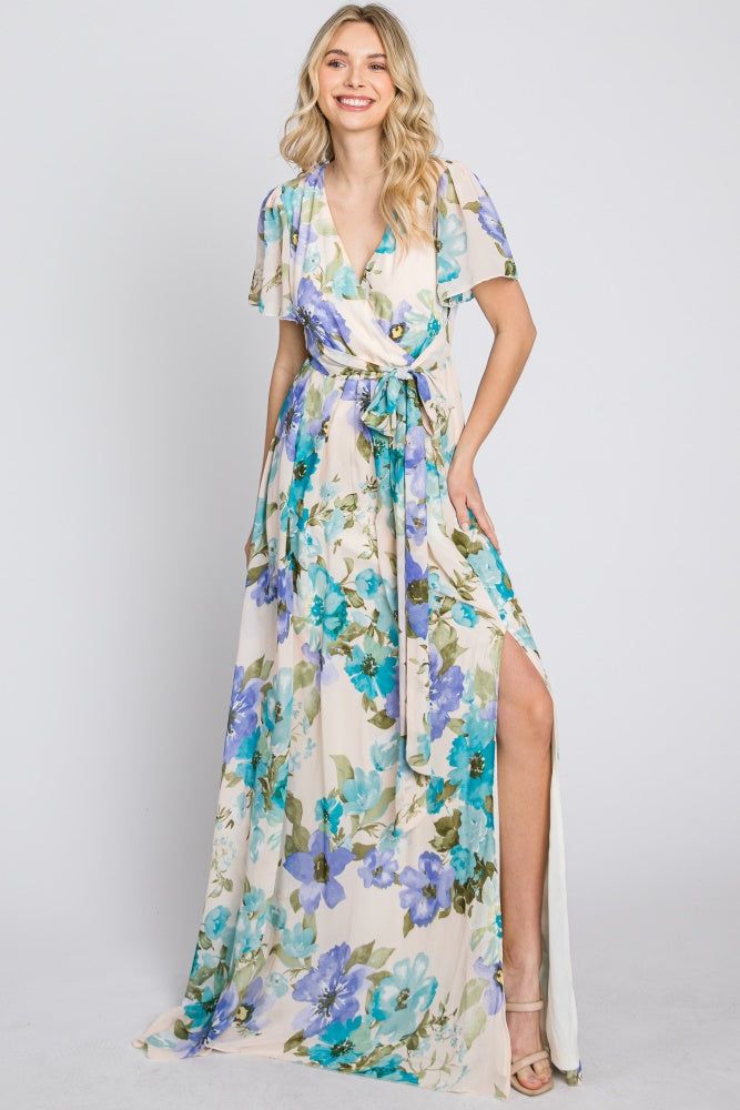 Blue Floral Chiffon Short Sleeve Side Slit Maxi Dress sold by Pinkblush