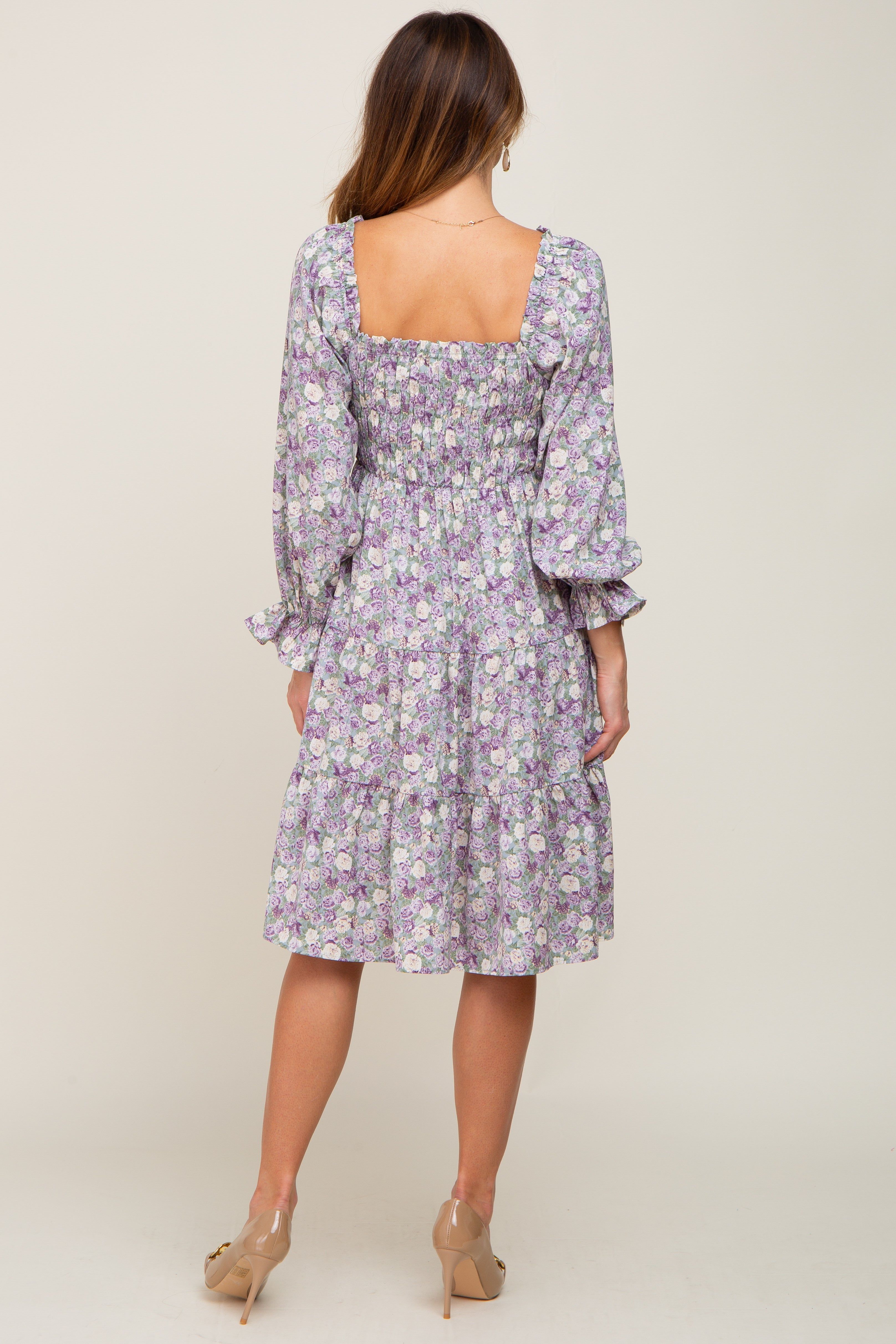 Lavender Floral Smocked Square Neck Tiered Dress sold by Pinkblush product image thumbnail 3